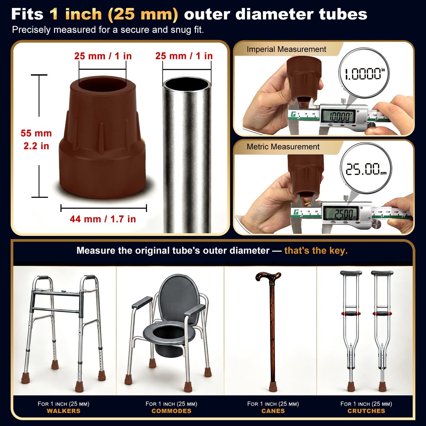 1 Inch Cane Tips 4 Pack Rubber Replacement Crutch Tips for Walker Cane
