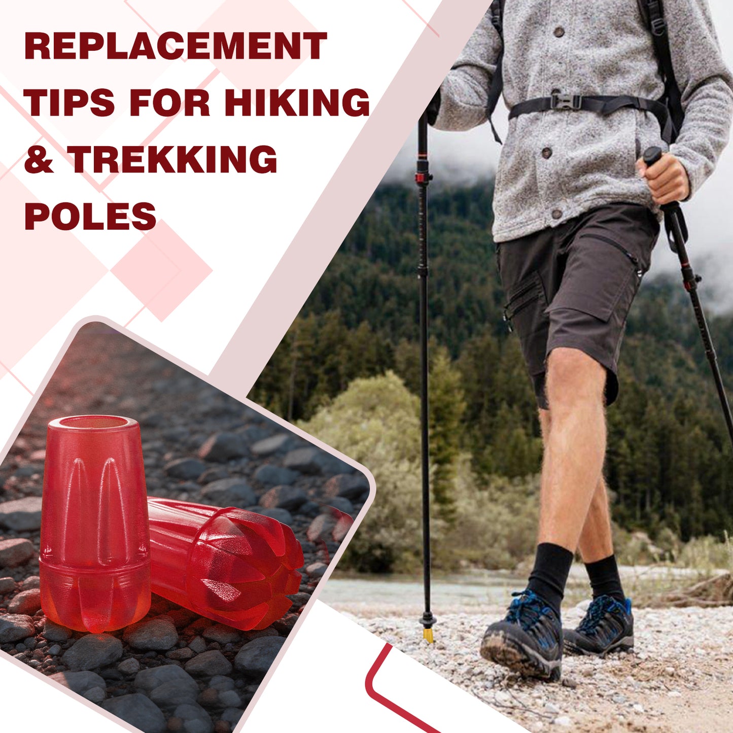 Trekking Pole Replacement Tips 6 Pack – Non-Slip Rubber Walking Stick Protectors for Hiking & Trail Stability