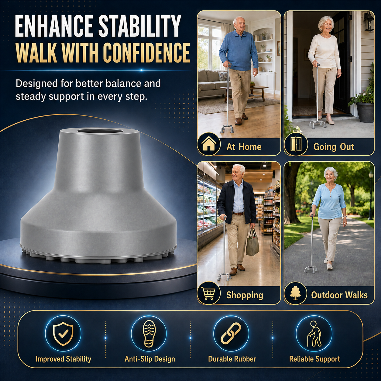 Heavy Duty Quad Cane Tips – Wider Anti-Slip Textured Rubber Feet for Enhanced Stability & Traction, Replacement Set 4PK/8PK