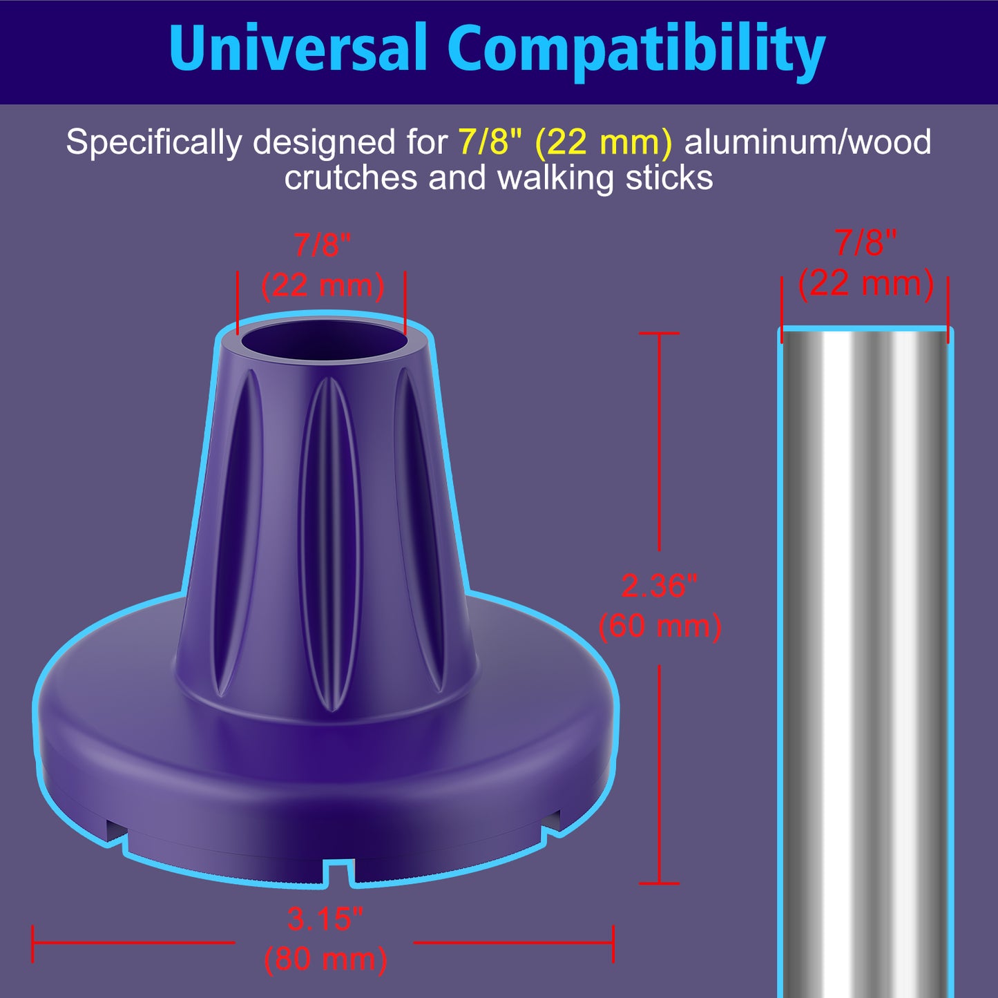7/8" Heavy-Duty Anti-Slip Rubber Cane Tips with Steel Core, 2-Pack