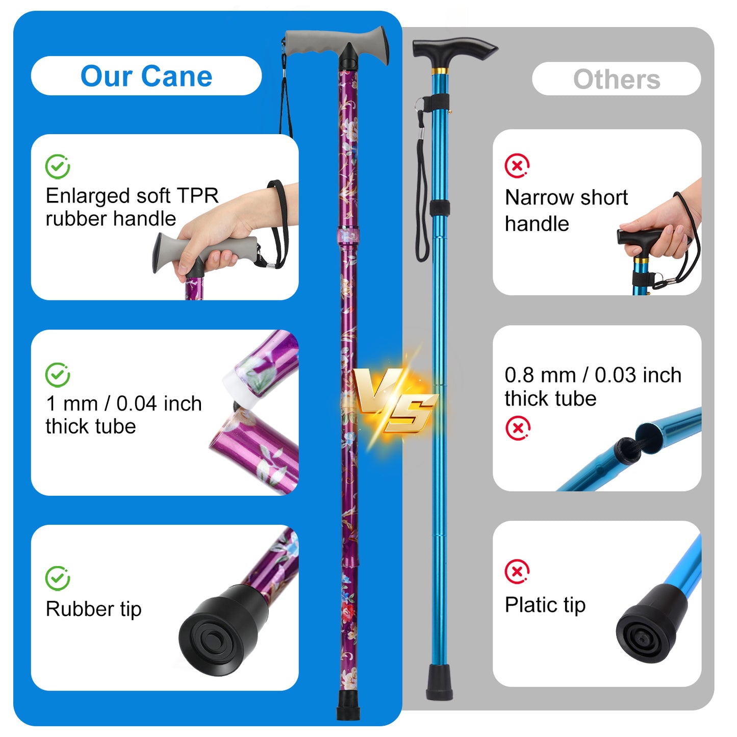 Folding Walking Cane, Adjustable Height, Lightweight Floral Cane