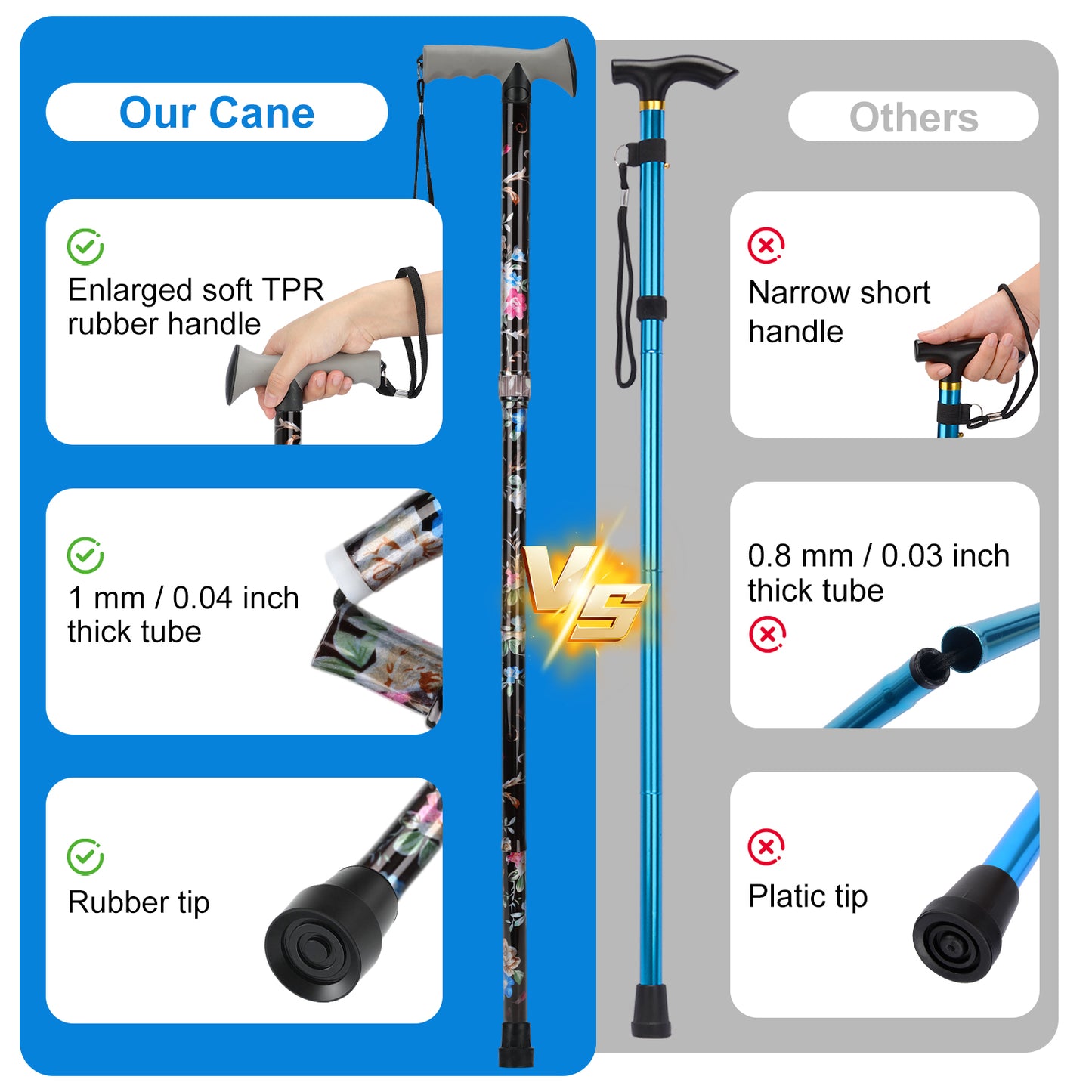 Folding Walking Cane, Adjustable Height, Lightweight Floral Cane