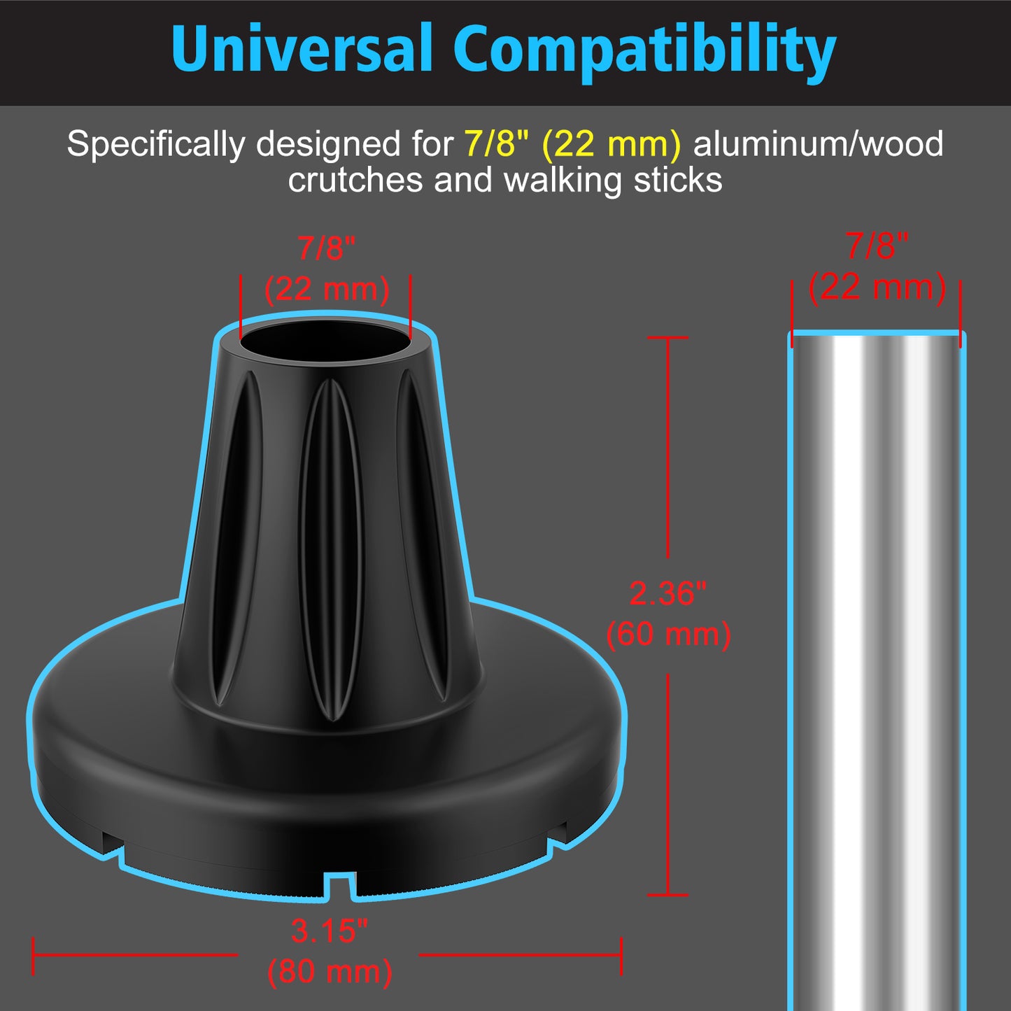 7/8" Heavy-Duty Anti-Slip Rubber Cane Tips with Steel Core, 2-Pack