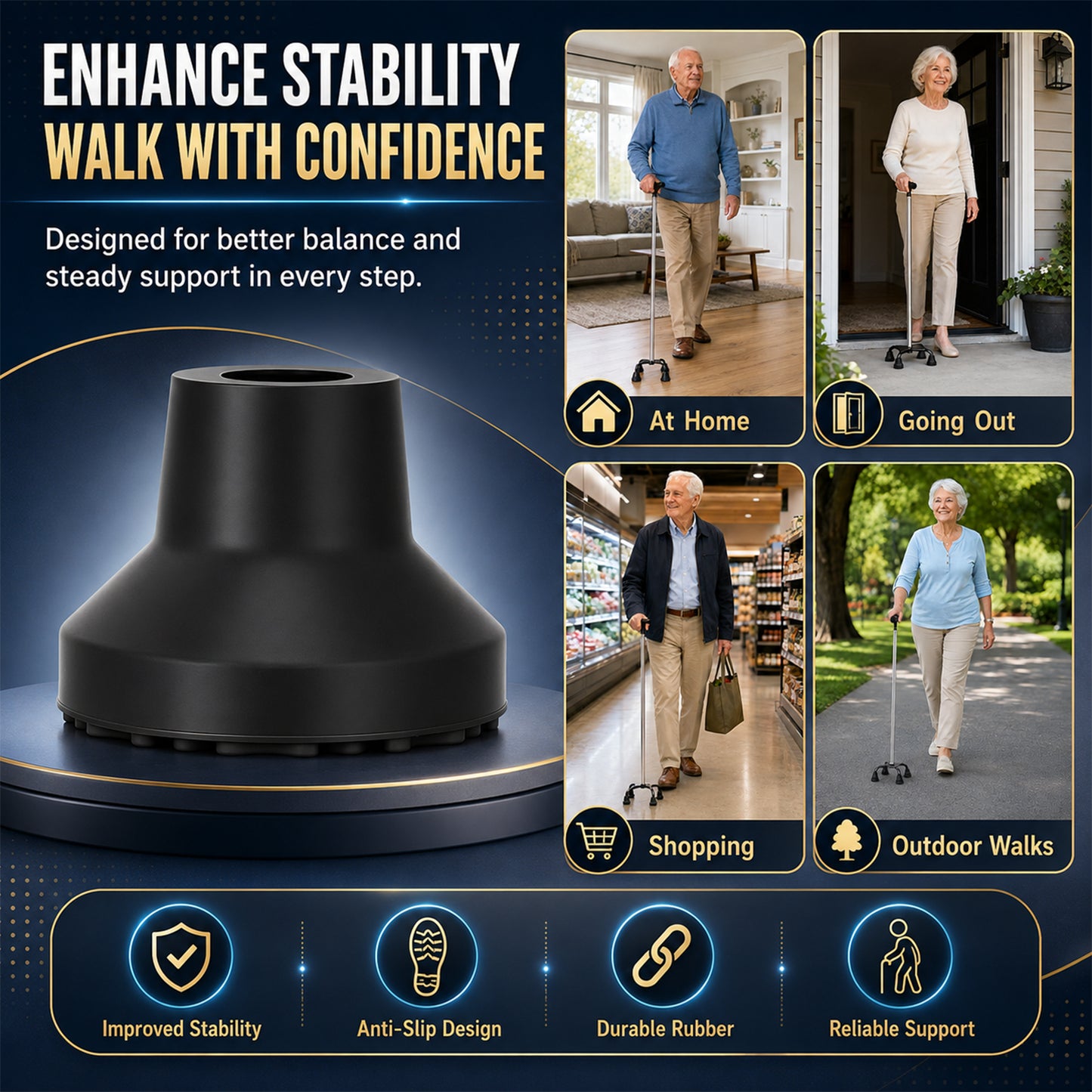 Heavy Duty Quad Cane Tips – Wider Anti-Slip Textured Rubber Feet for Enhanced Stability & Traction, Replacement Set 4PK/8PK