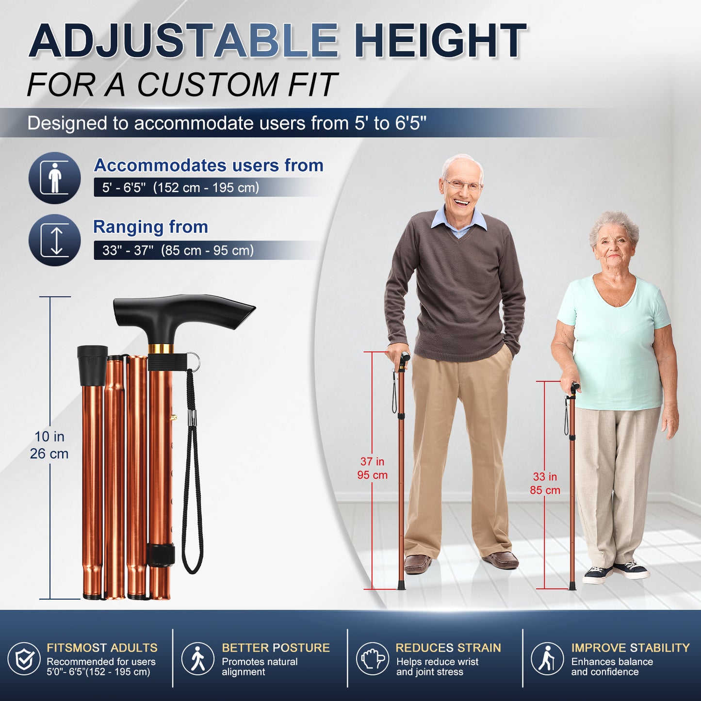 Folding Cane Adjustable Walking Stick Lightweight Travel Cane with T Handle