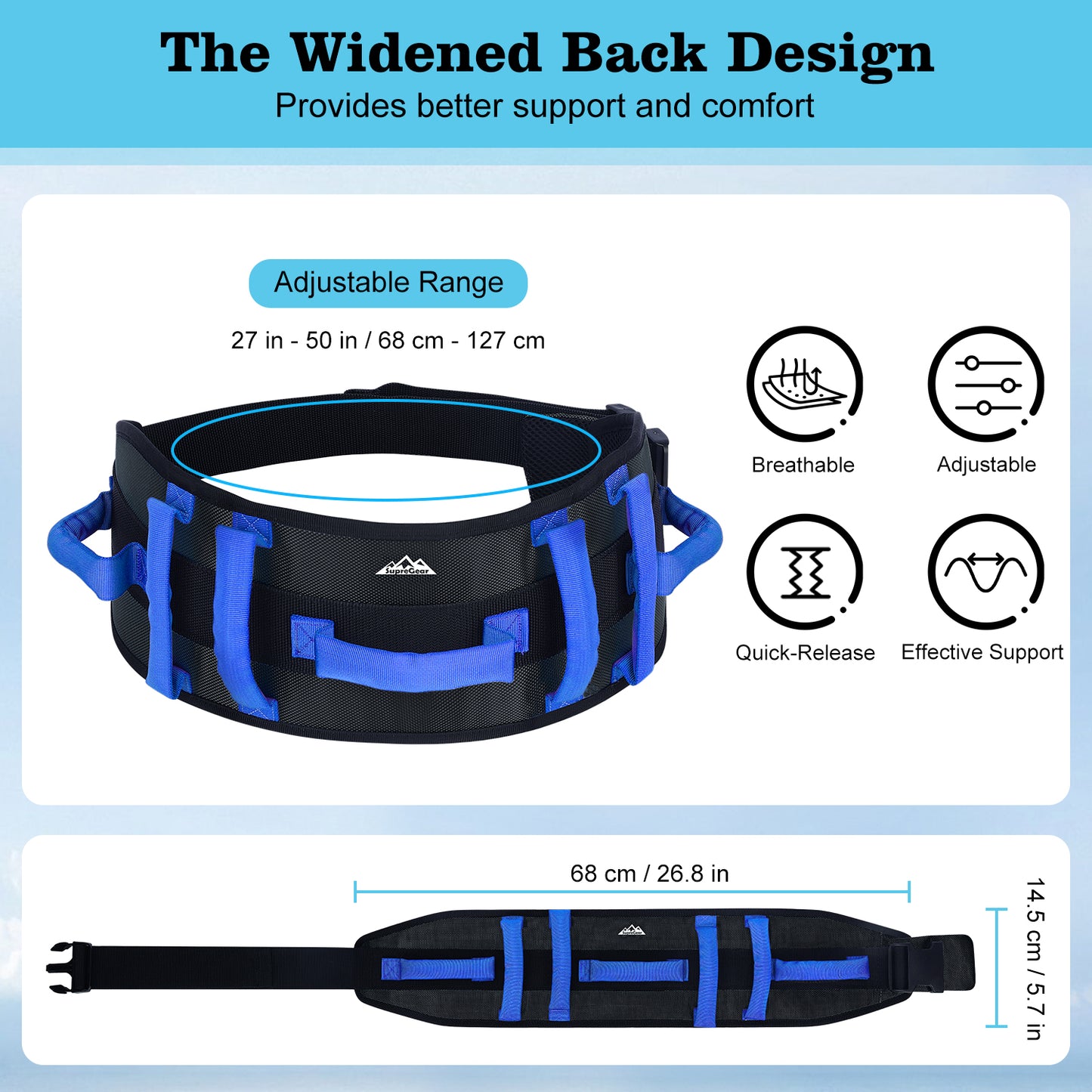Gait Belt Transfer Aid, 7 Handles, Quick-Release Buckle
