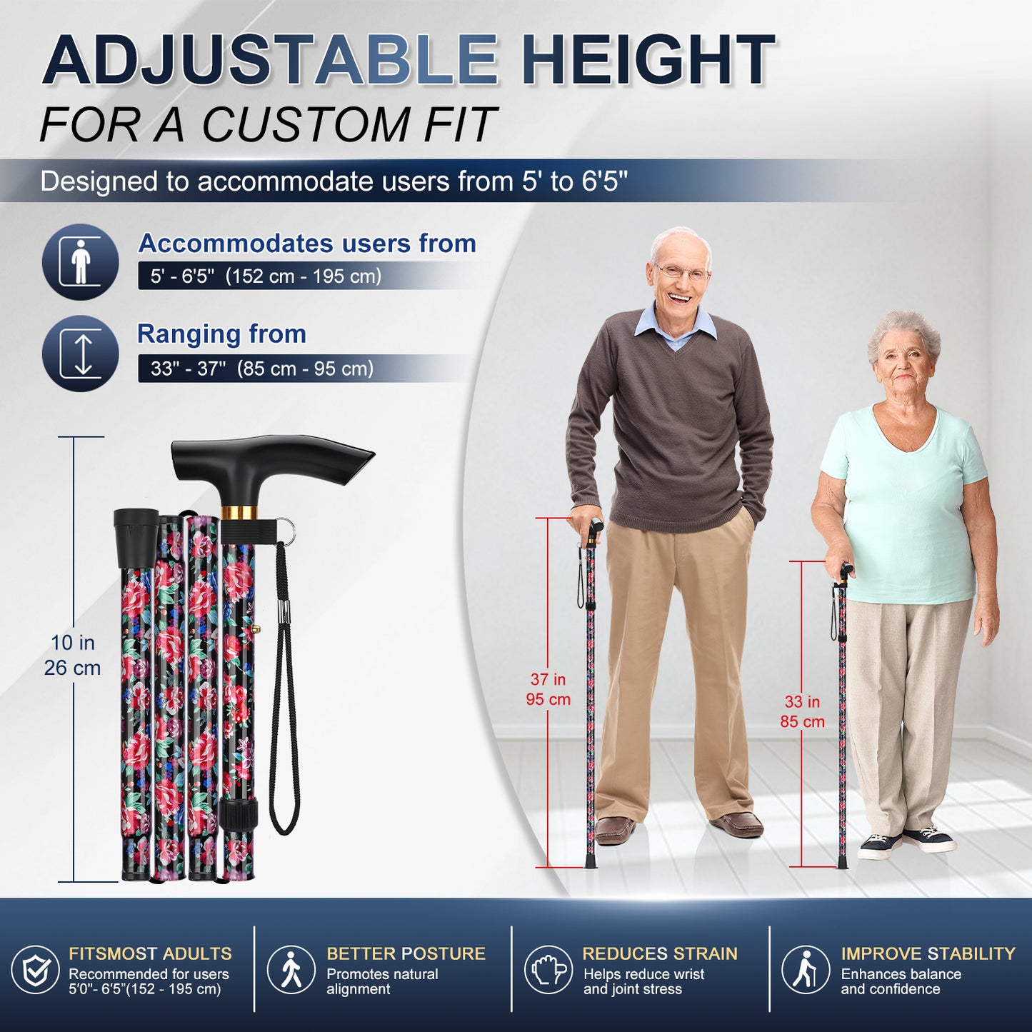 Folding Cane Adjustable Walking Stick Lightweight Travel Cane with T Handle