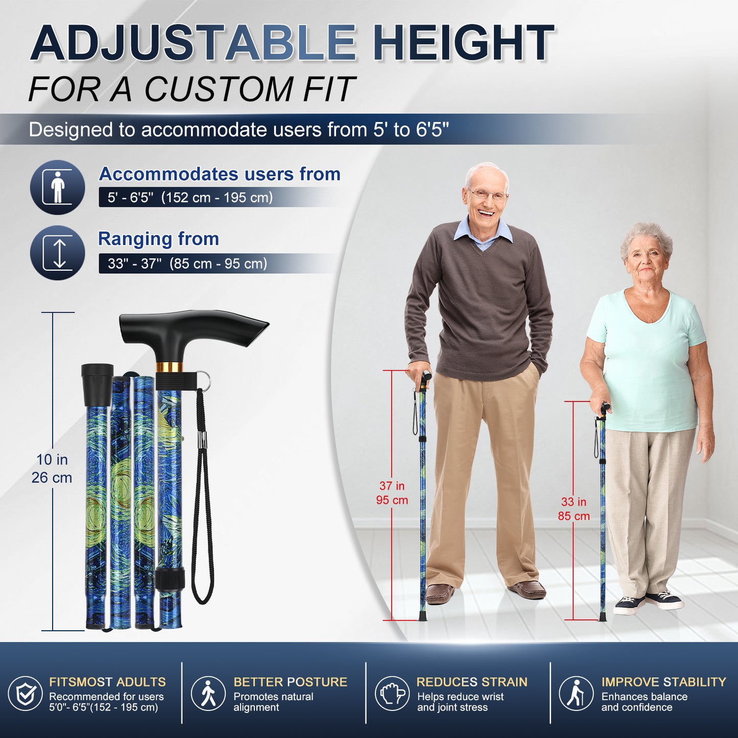 Folding Cane Adjustable Walking Stick Lightweight Travel Cane with T Handle