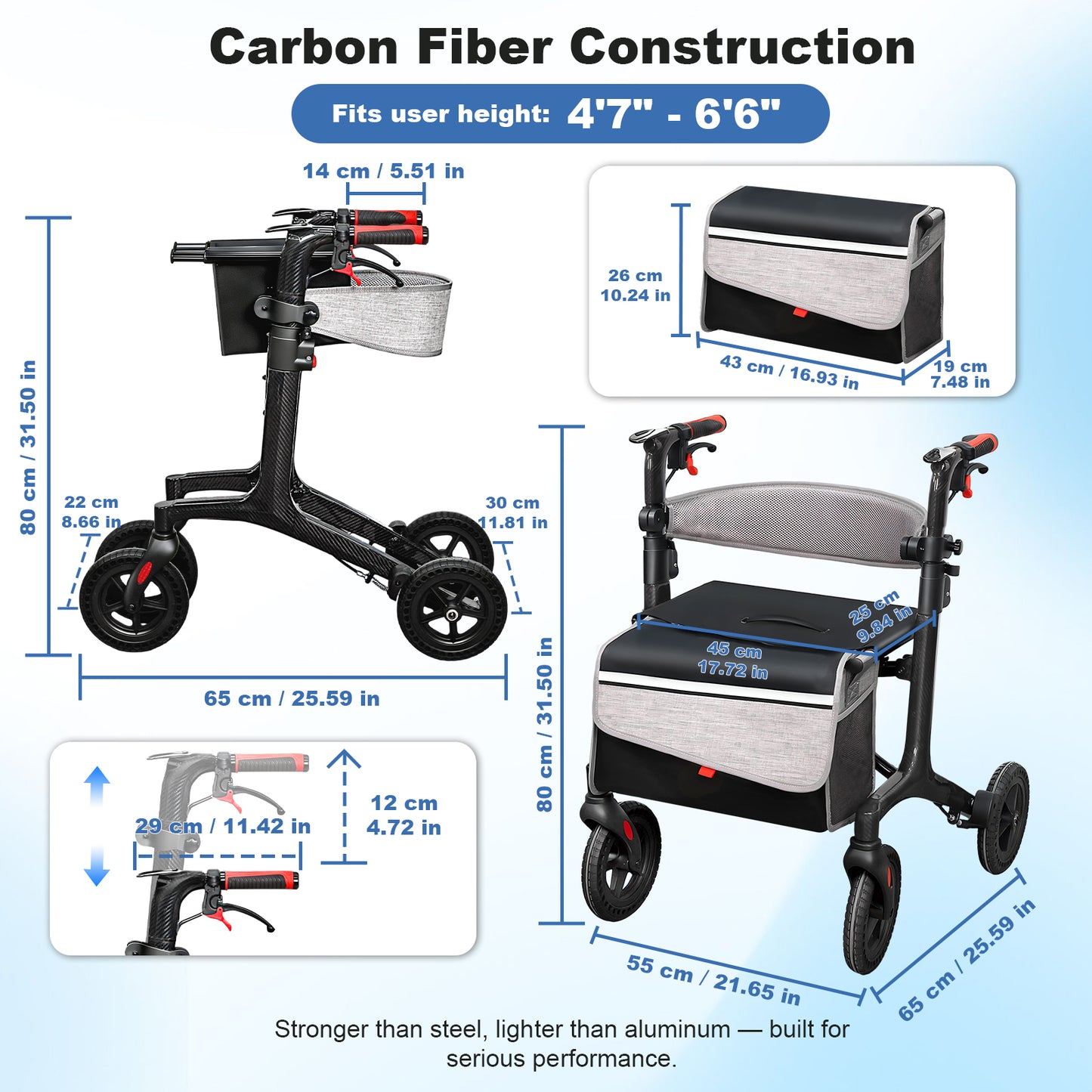Carbon Fiber Foldable Rollator Walker, Ultra-Light Strong Mobility Cart for Seniors with Easy-Lift Design for Home, Travel & Daily Use
