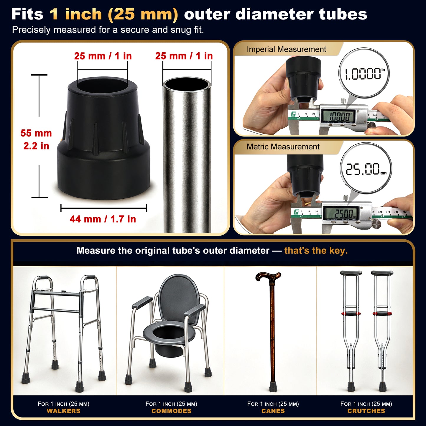 1 Inch Cane Tips 4 Pack Rubber Replacement Crutch Tips for Walker Cane
