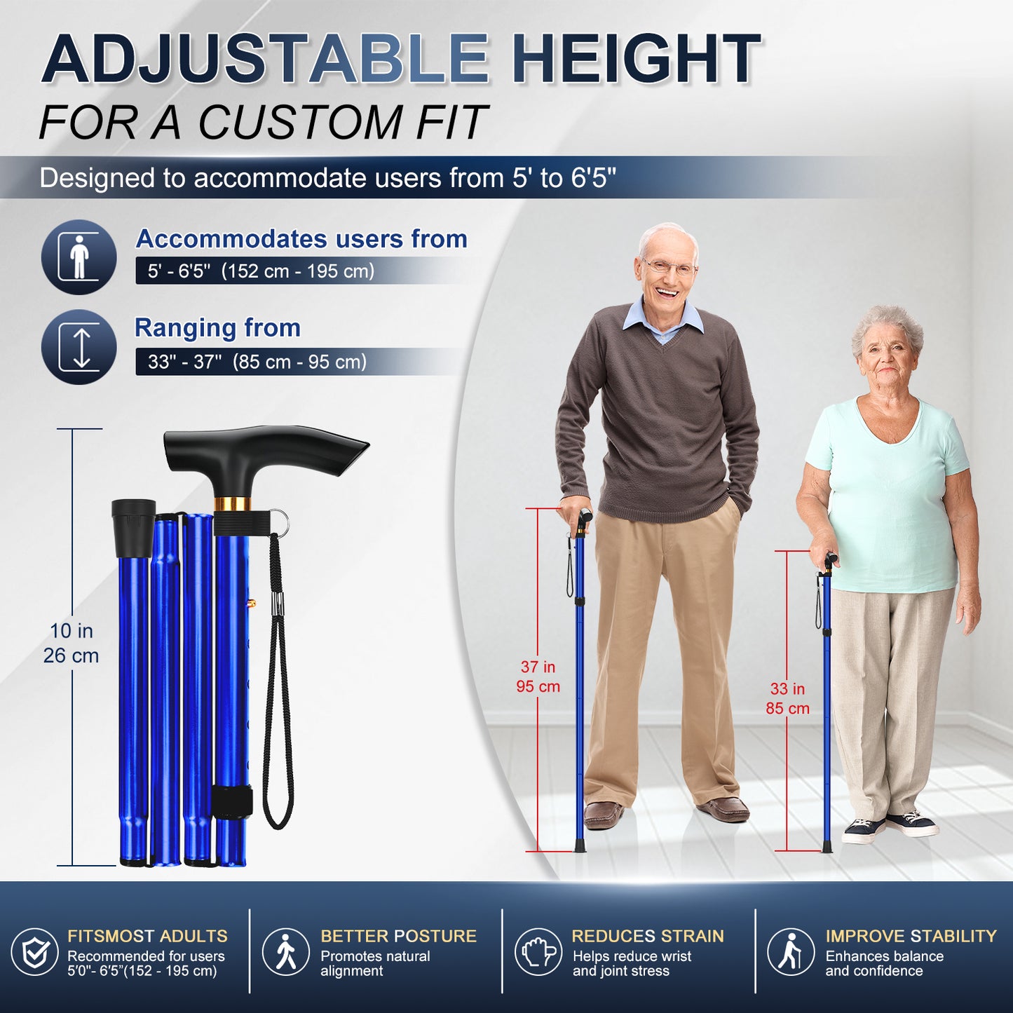 Folding Cane Adjustable Walking Stick Lightweight Travel Cane with T Handle