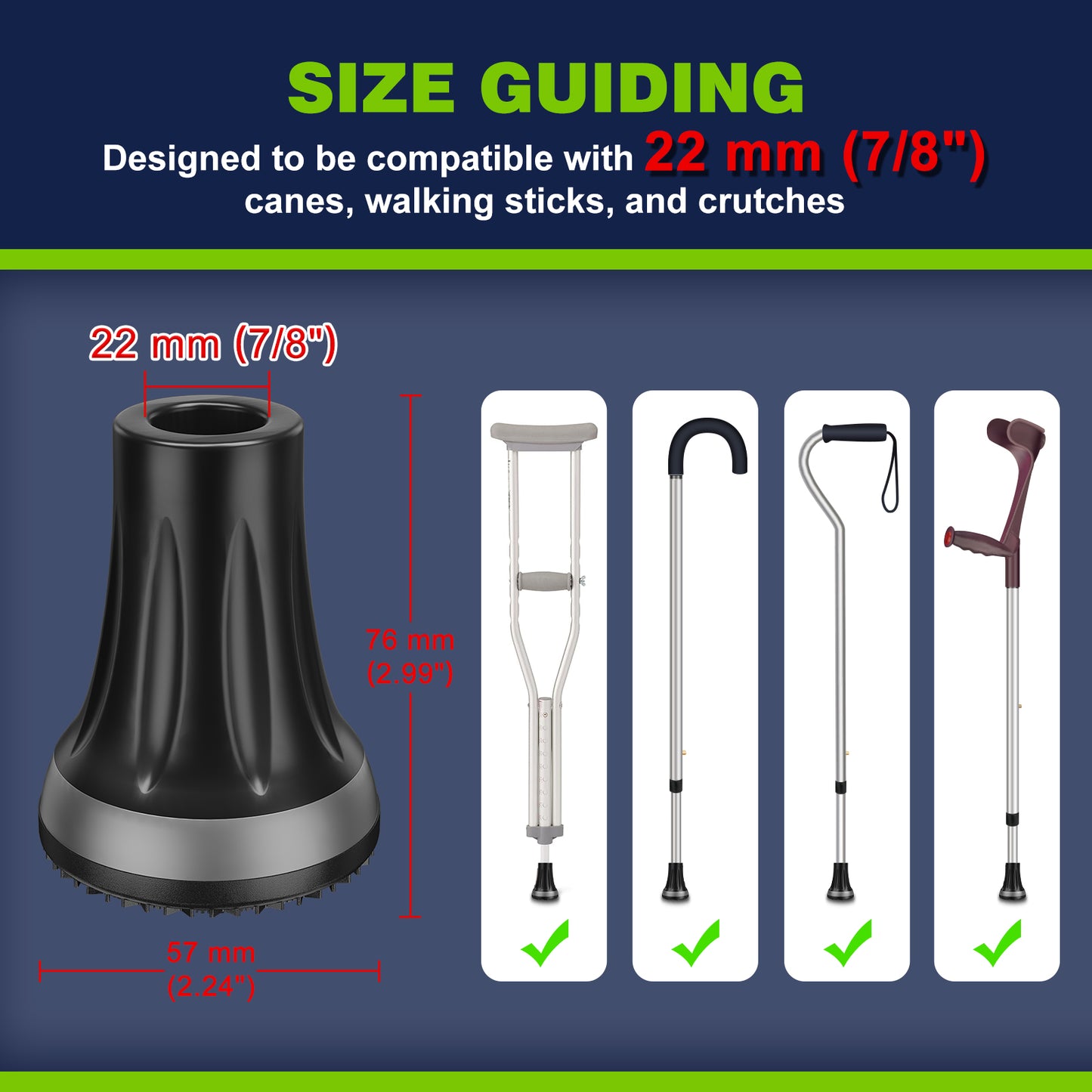 7/8" Heavy Duty Anti-Slip Cane Tips, 2-Pack