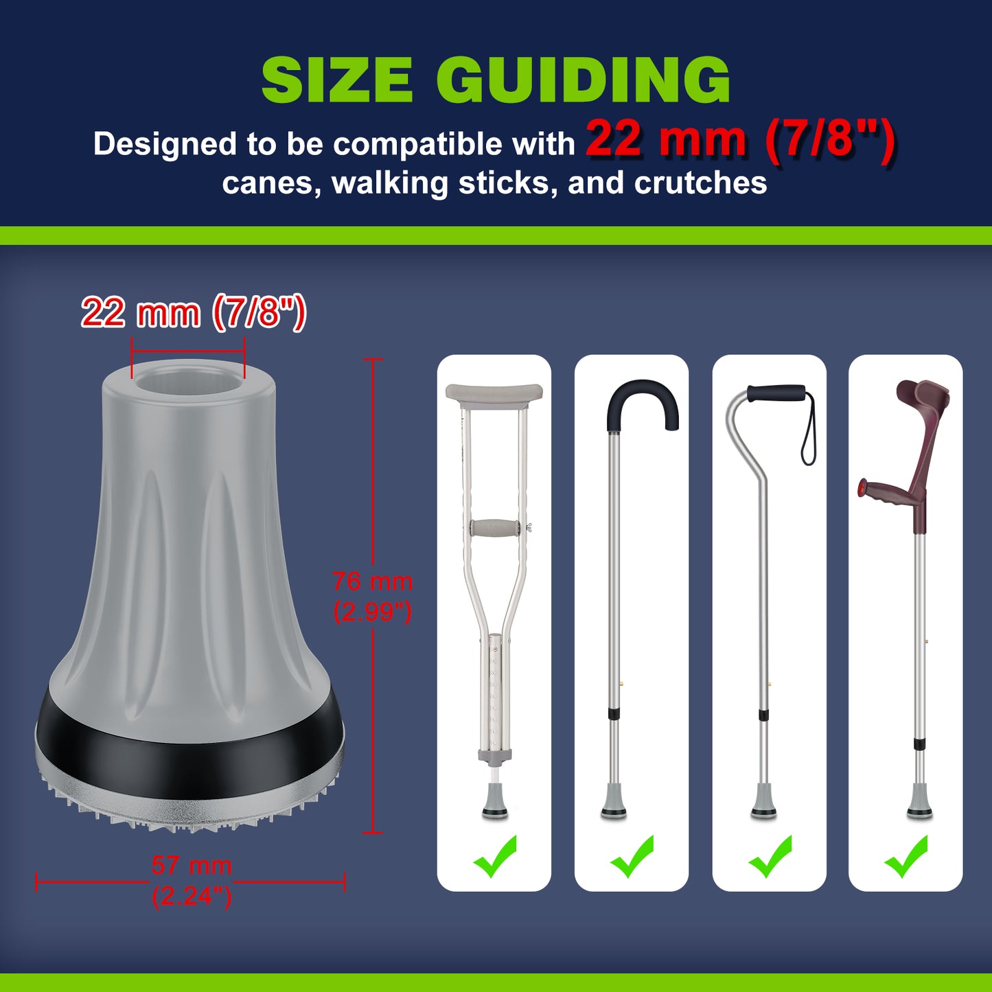 7/8" Heavy Duty Anti-Slip Cane Tips, 2-Pack