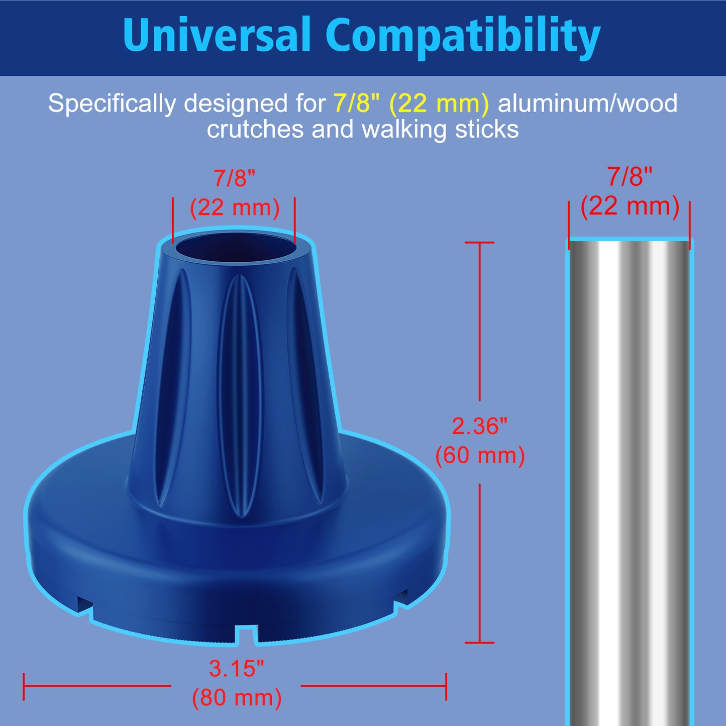 7/8" Heavy-Duty Anti-Slip Rubber Cane Tips with Steel Core, 2-Pack