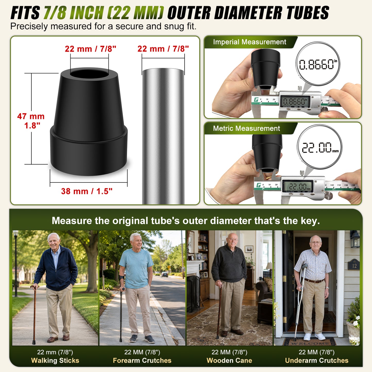 Non-Slip Rubber Cane Tip Replacement, Heavy Duty Walking Cane Foot with Metal Insert for Stability and Support