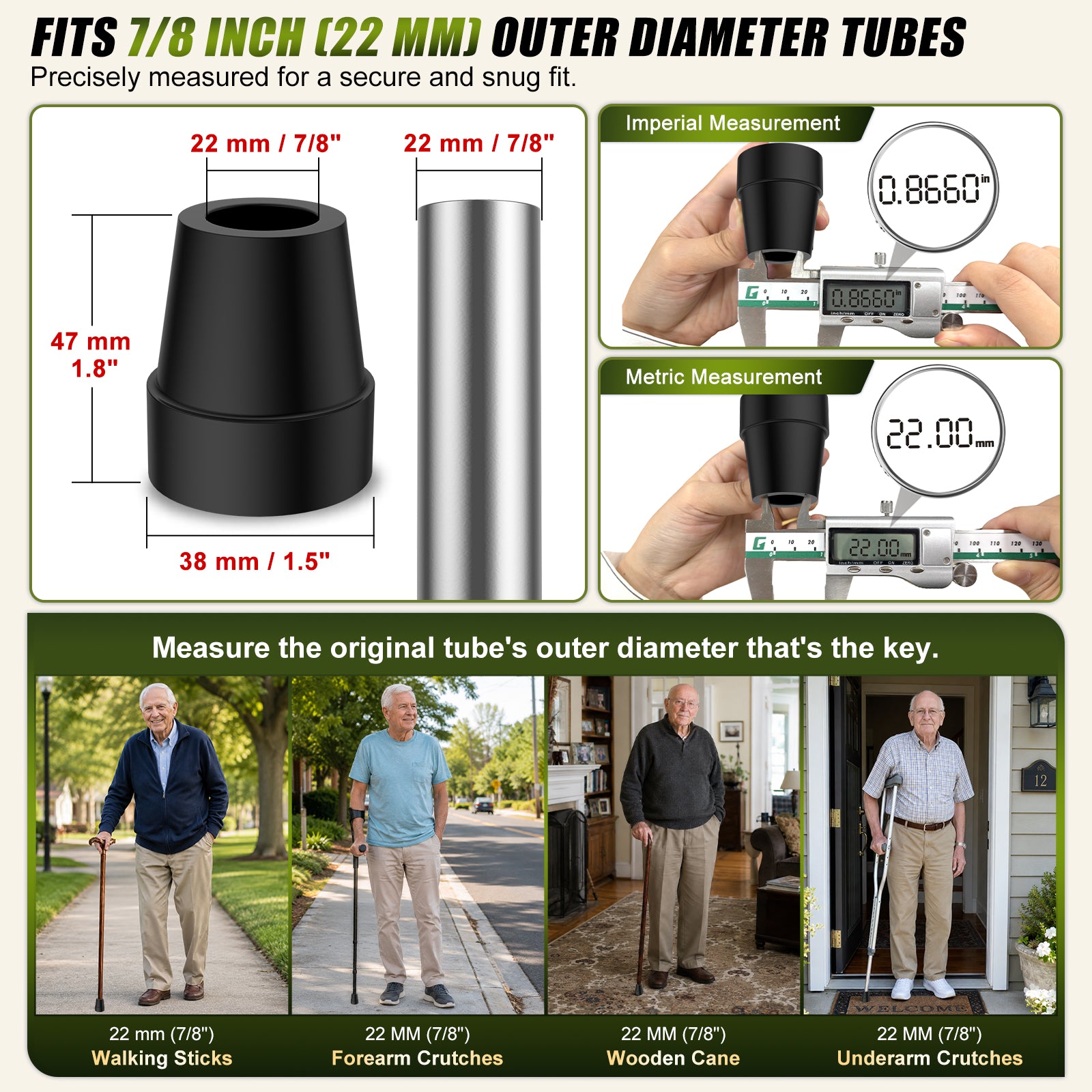 Non-Slip Rubber Cane Tip Replacement, Heavy Duty Walking Cane Foot with Metal Insert for Stability and Support