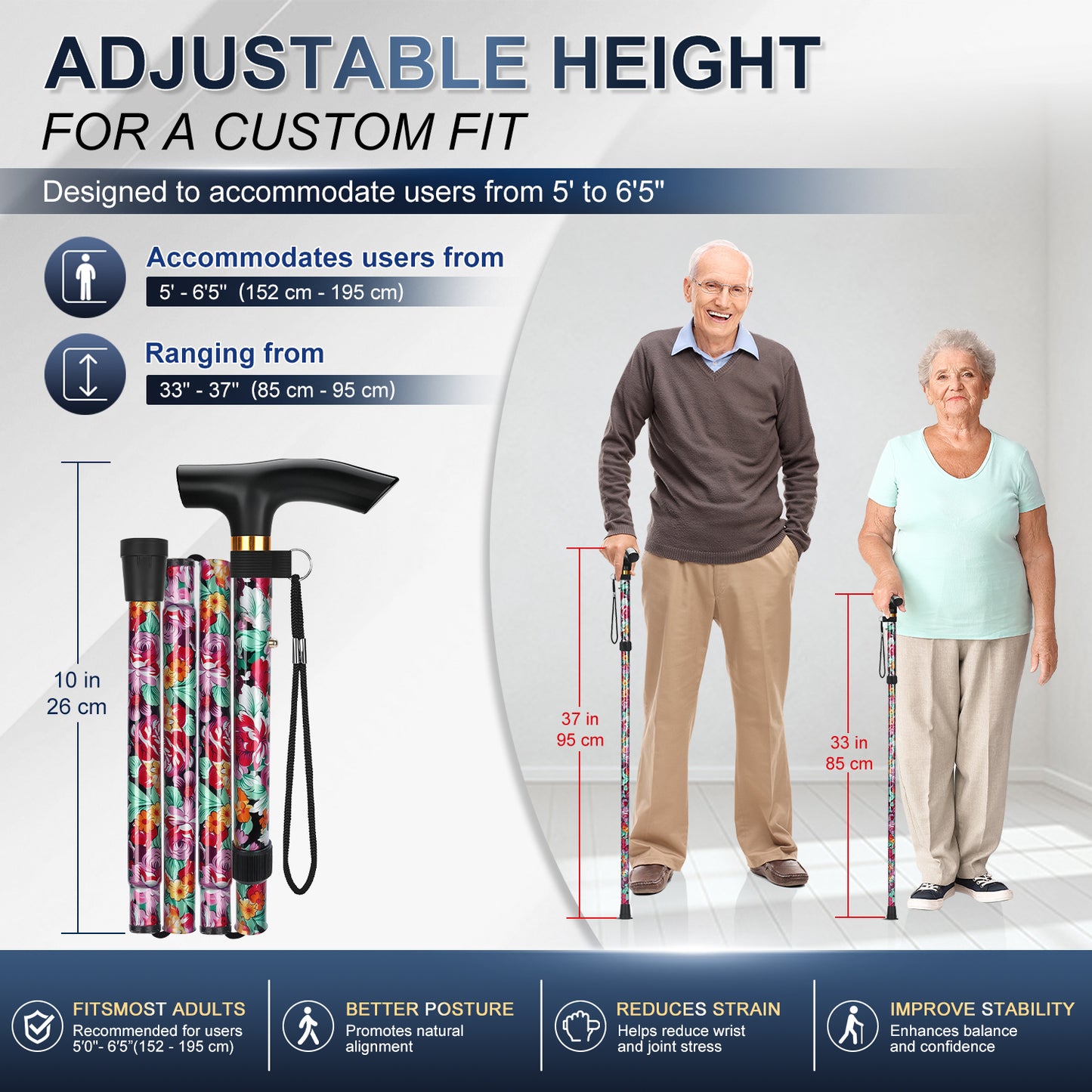 Folding Cane Adjustable Walking Stick Lightweight Travel Cane with T Handle
