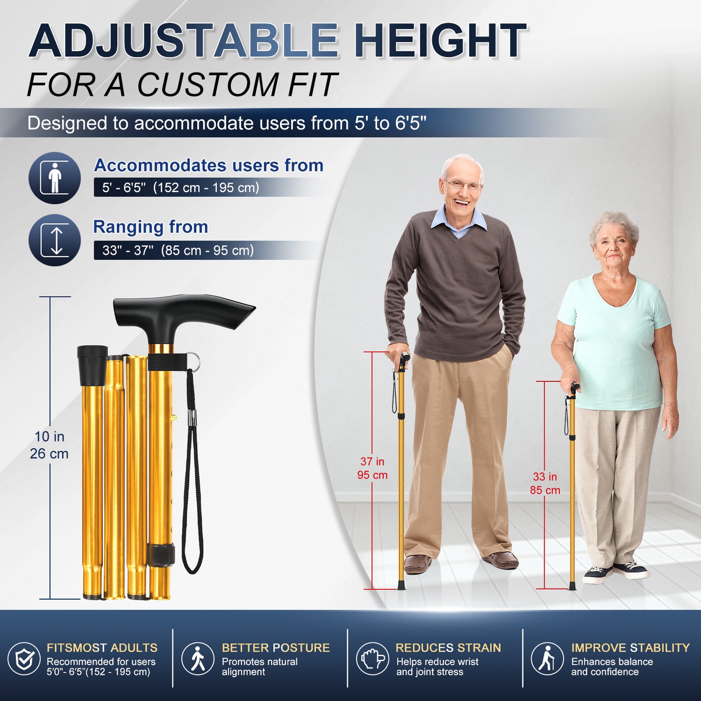 Folding Cane Adjustable Walking Stick Lightweight Travel Cane with T Handle