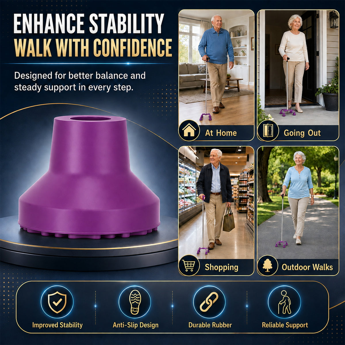 Heavy Duty Quad Cane Tips – Wider Anti-Slip Textured Rubber Feet for Enhanced Stability & Traction, Replacement Set 4PK/8PK