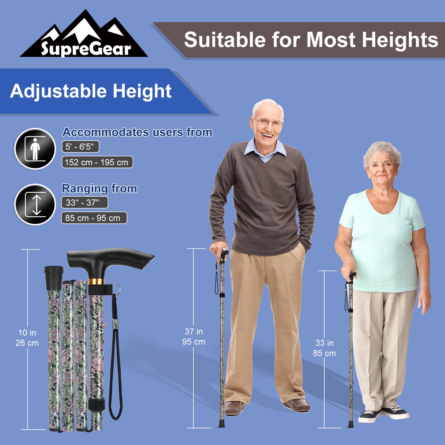 5-Level Adjustable Height Walking Stick Folding Cane