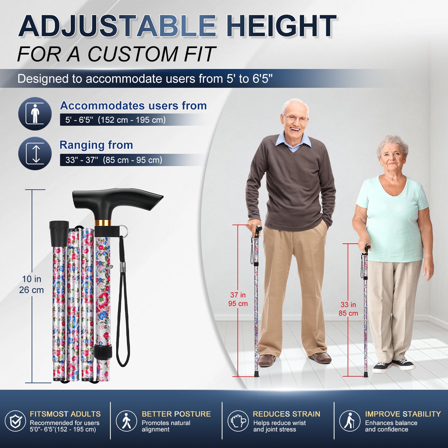 Folding Cane Adjustable Walking Stick Lightweight Travel Cane with T Handle