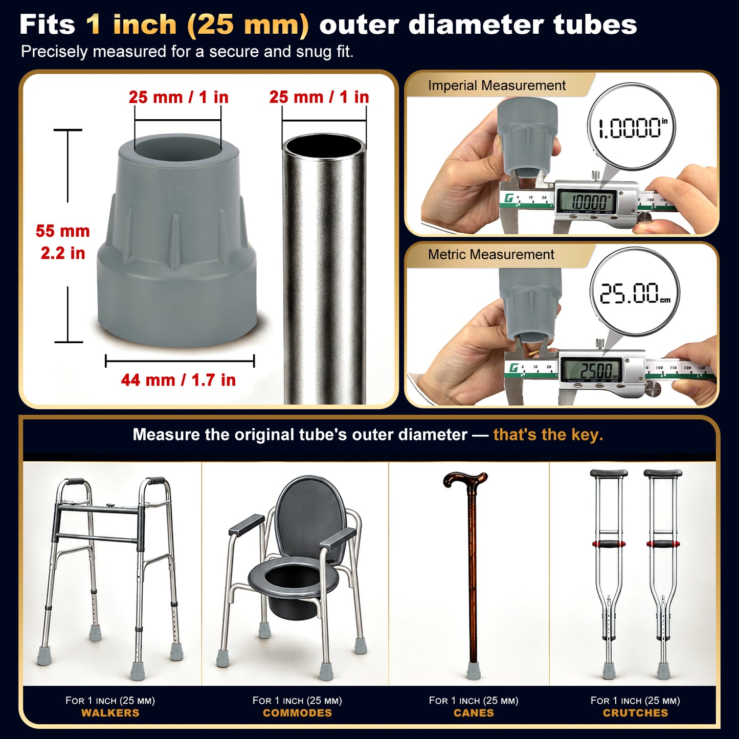1 Inch Cane Tips 6 Pack Heavy Duty Rubber Replacement Crutch Tips for Walker Cane