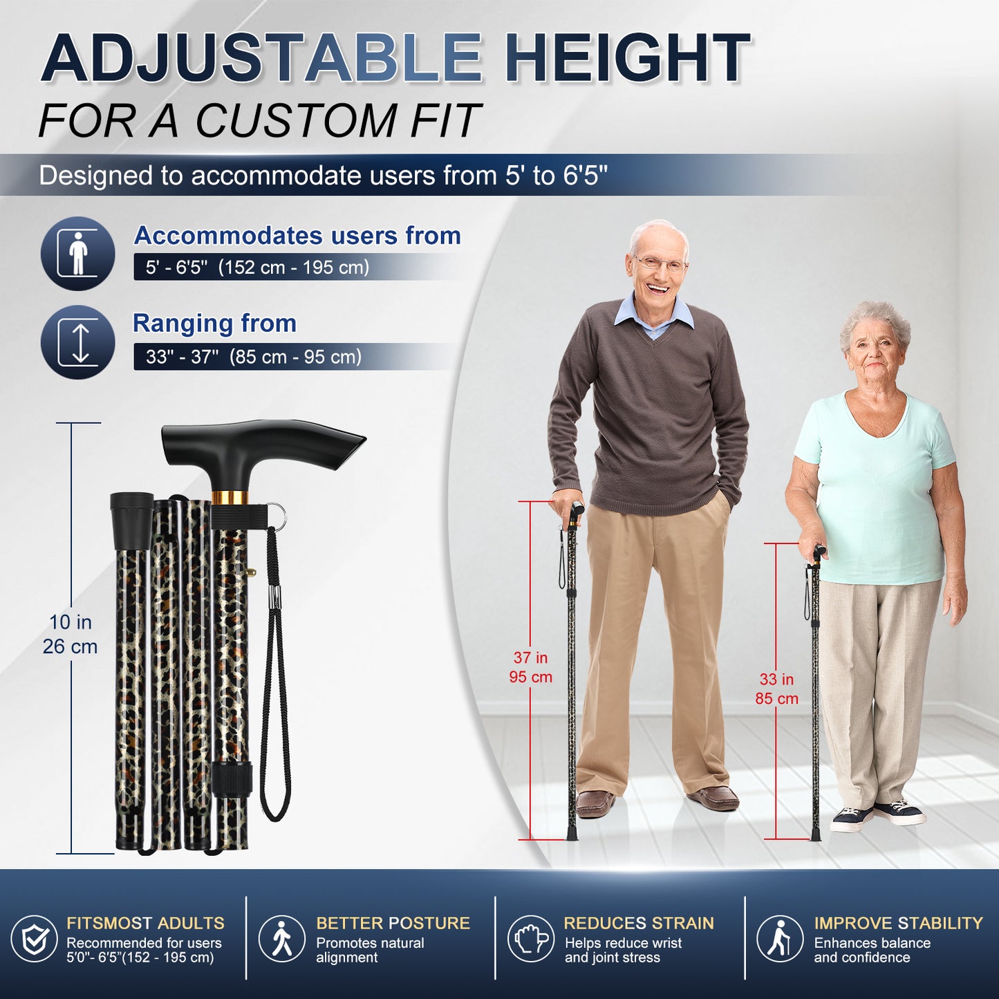 Folding Cane Adjustable Walking Stick Lightweight Travel Cane with T Handle