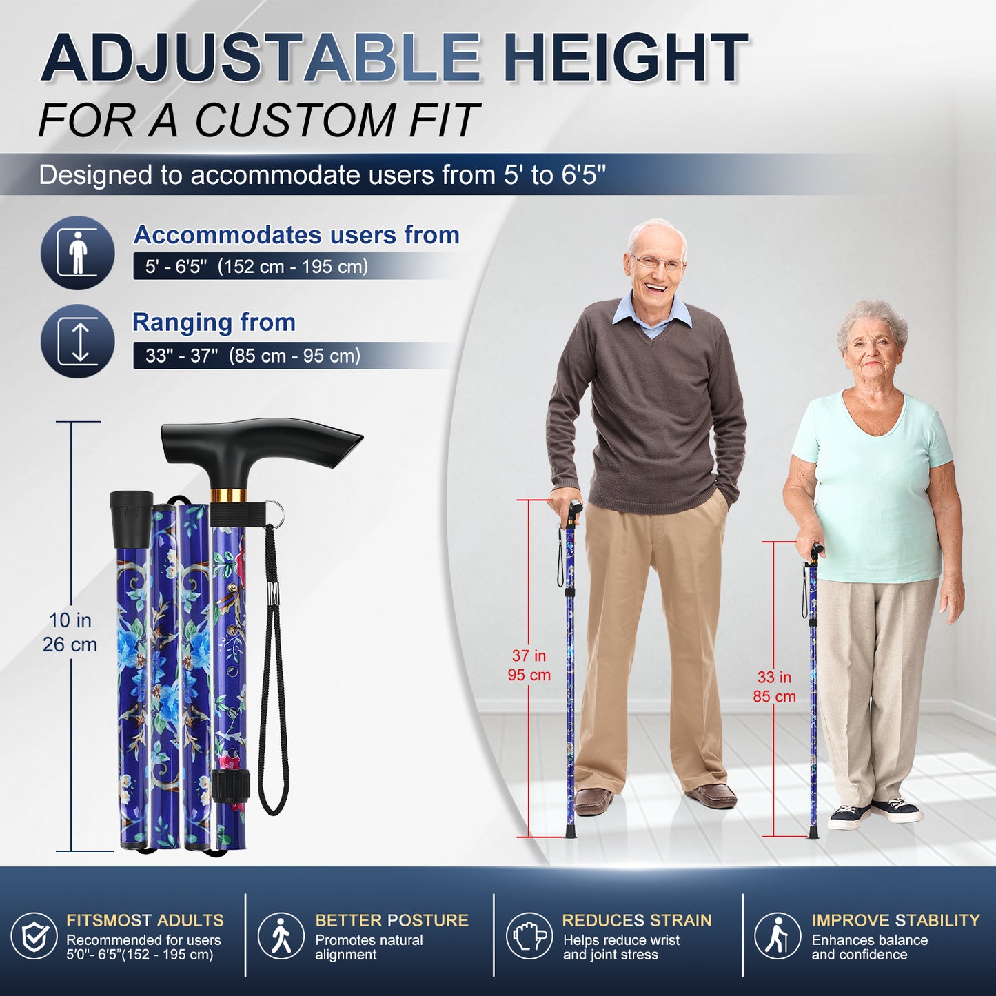 Folding Cane Adjustable Walking Stick Lightweight Travel Cane with T Handle