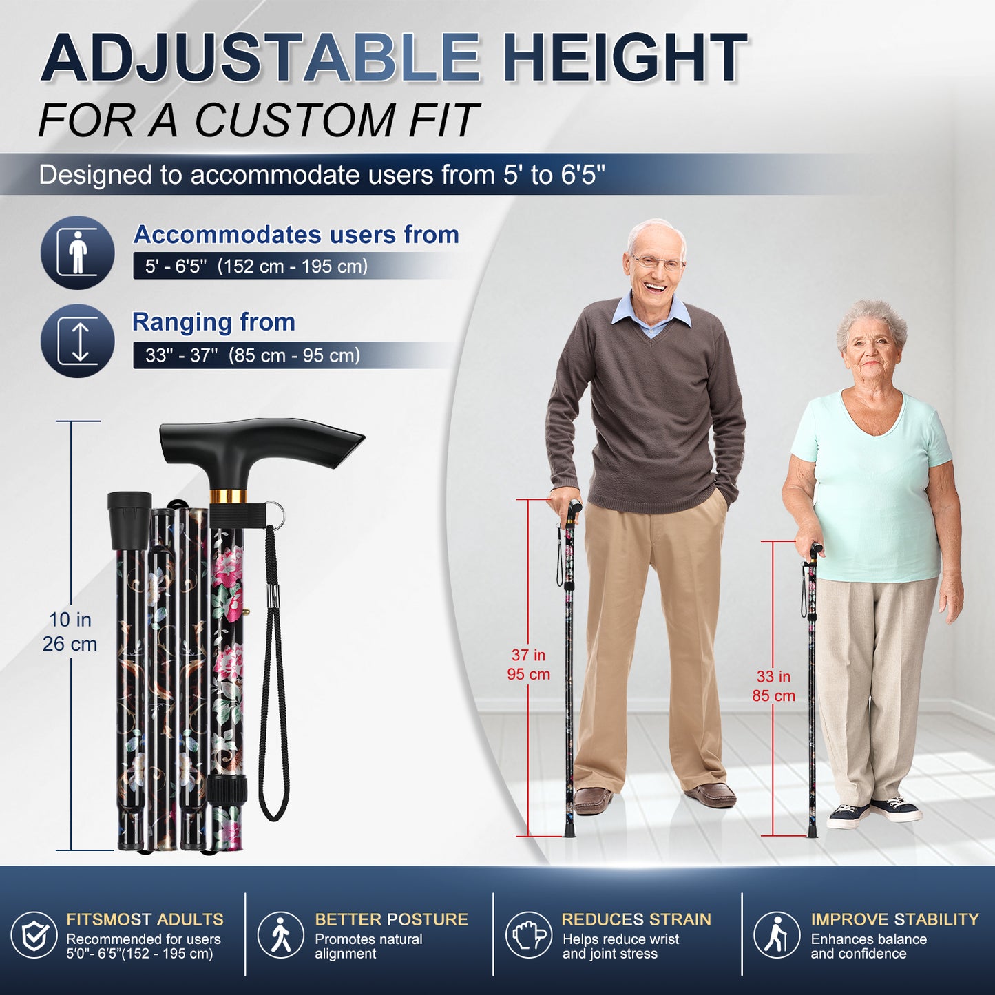 Folding Cane Adjustable Walking Stick Lightweight Travel Cane with T Handle