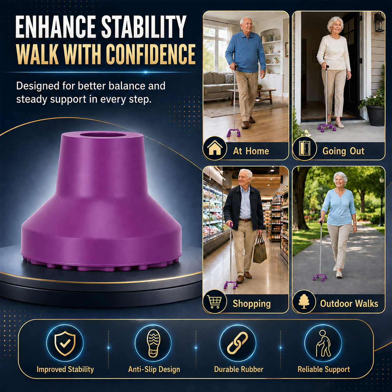 Heavy Duty Quad Cane Tips – Wider Anti-Slip Textured Rubber Feet for Enhanced Stability & Traction, Replacement Set 4PK/8PK