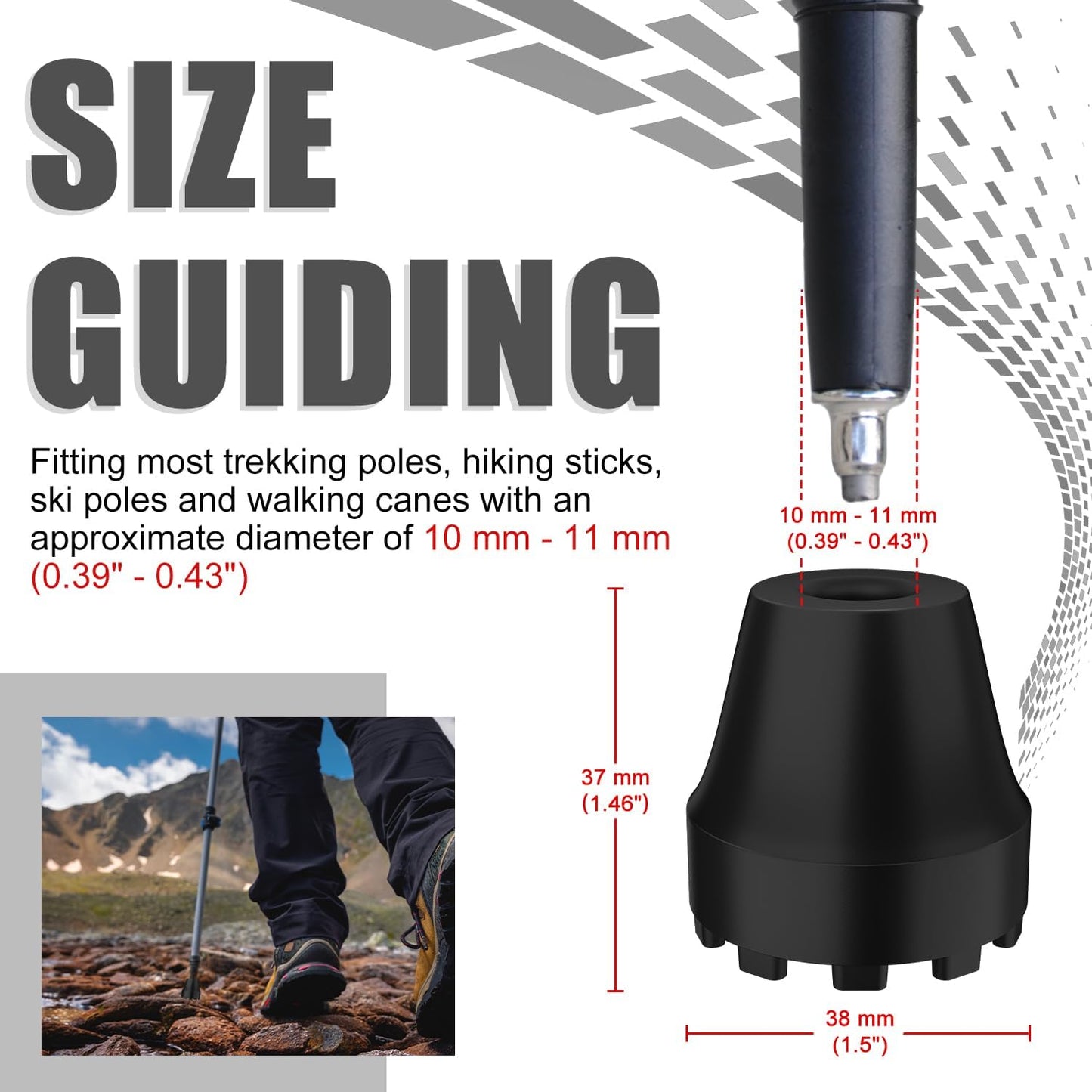 Trekking Pole Rubber Tips, Anti-Slip Shock-Absorbing, 0.43 Inch