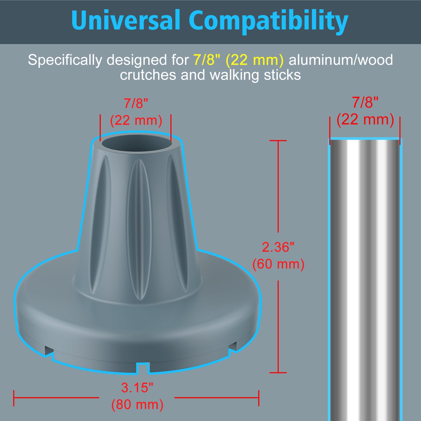 7/8" Heavy-Duty Anti-Slip Rubber Cane Tips with Steel Core, 2-Pack