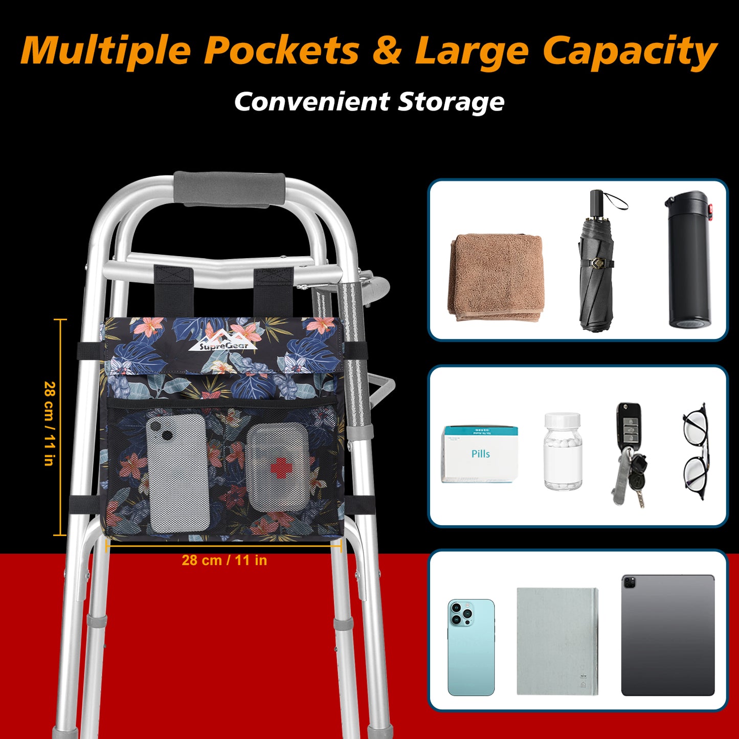 Water-Resistant Walker Side Bag, Basket Pouch