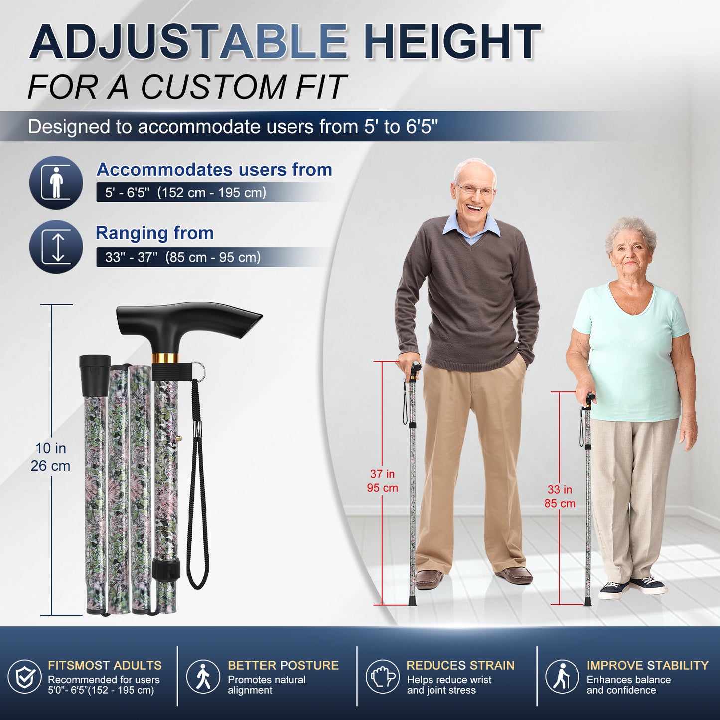 Folding Cane Adjustable Walking Stick Lightweight Travel Cane with T Handle