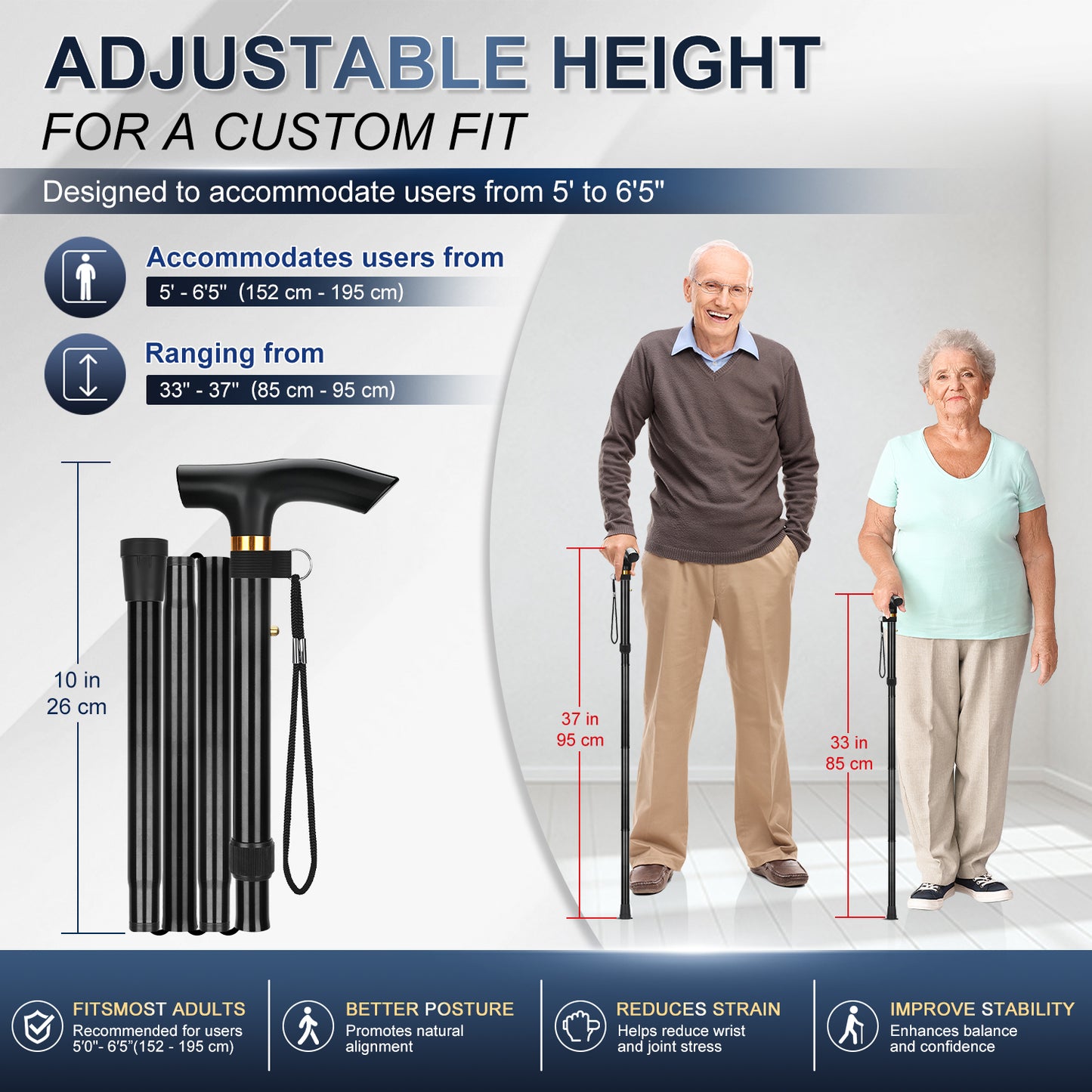 Folding Cane Adjustable Walking Stick Lightweight Travel Cane with T Handle