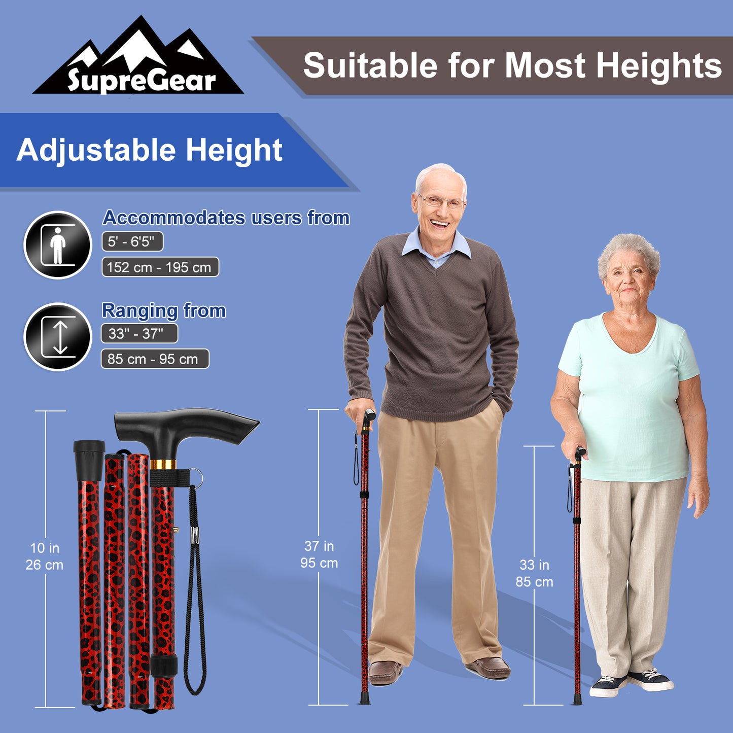 5-Level Adjustable Height Walking Stick Folding Cane