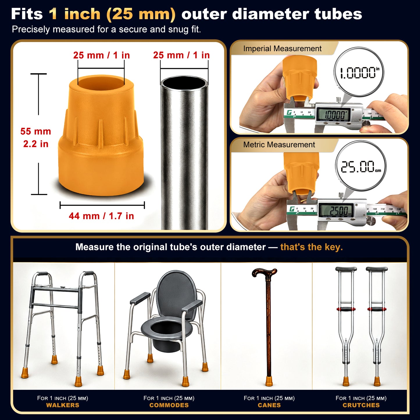 1 Inch Cane Tips 6 Pack Heavy Duty Rubber Replacement Crutch Tips for Walker Cane