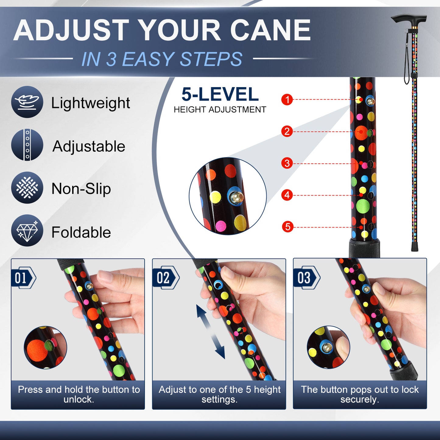 Folding Cane Adjustable Walking Stick Lightweight Travel Cane with T Handle