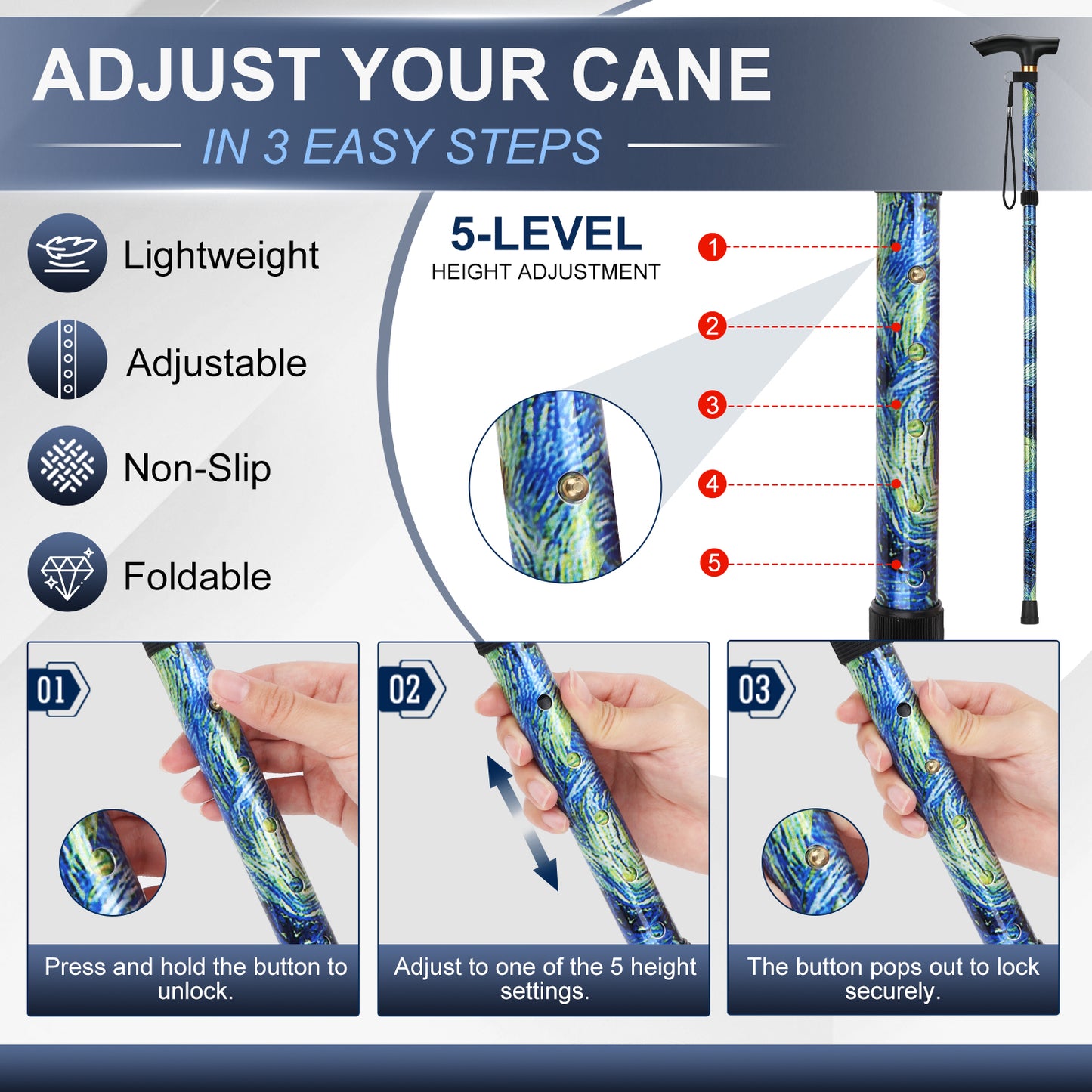 Folding Cane Adjustable Walking Stick Lightweight Travel Cane with T Handle