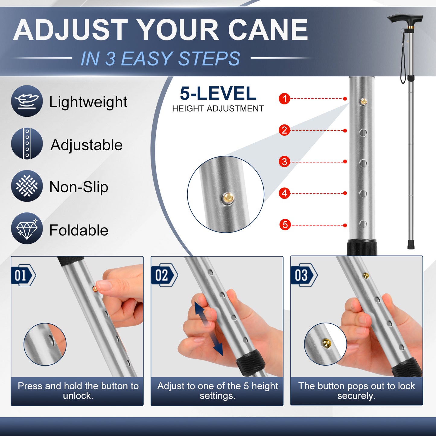 Folding Cane Adjustable Walking Stick Lightweight Travel Cane with T Handle