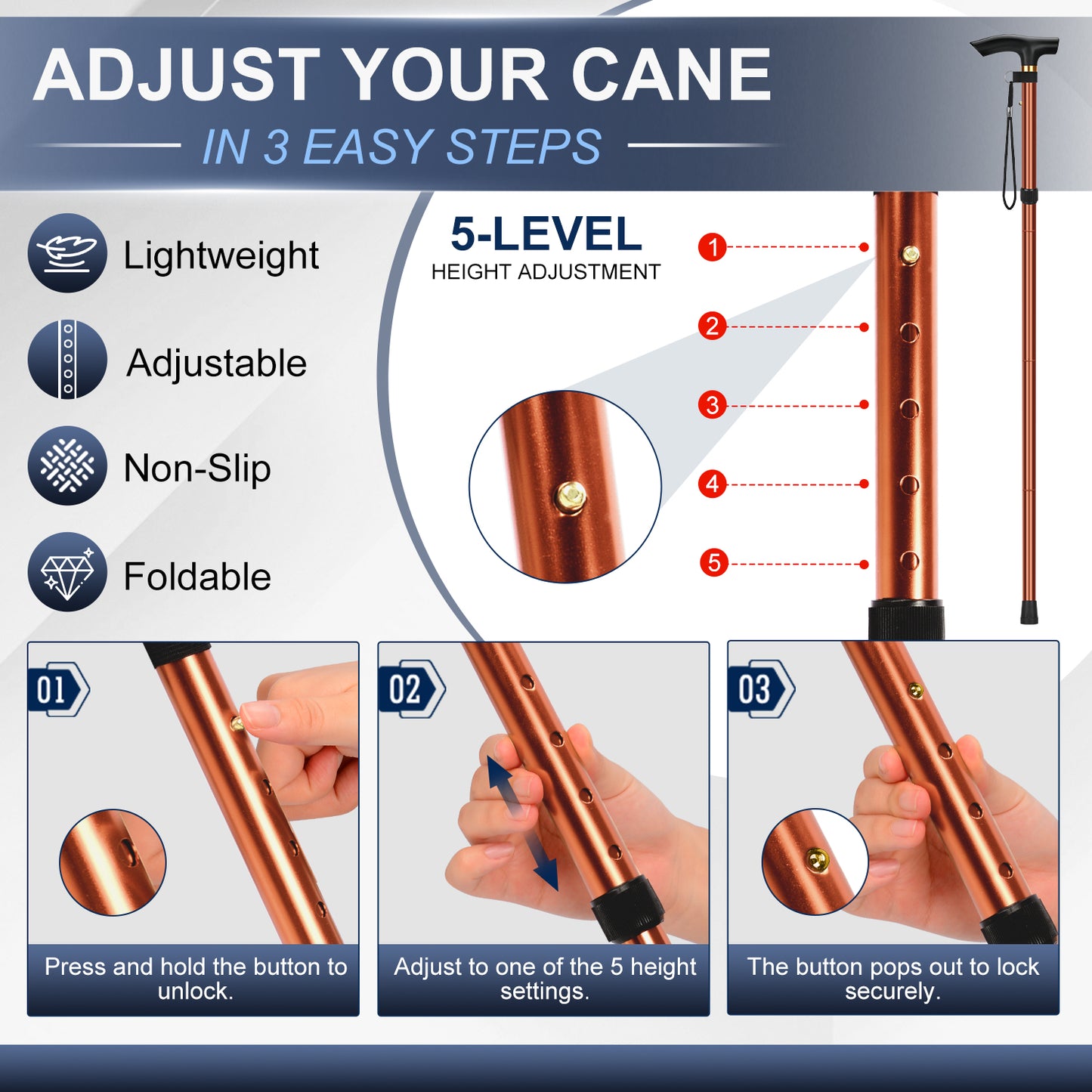 Folding Cane Adjustable Walking Stick Lightweight Travel Cane with T Handle