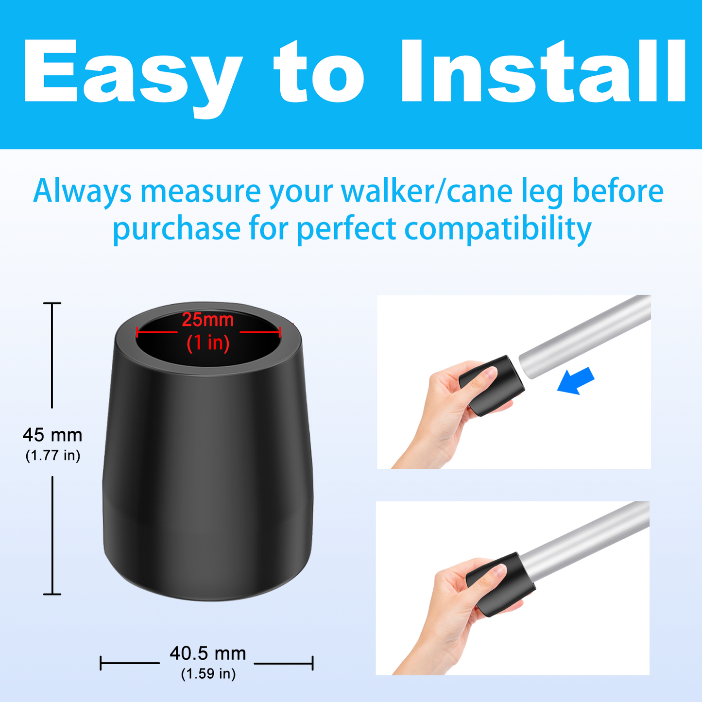 1-Inch Walker Rubber Tips (6-Pack) – Non-Skid with Metal Insert