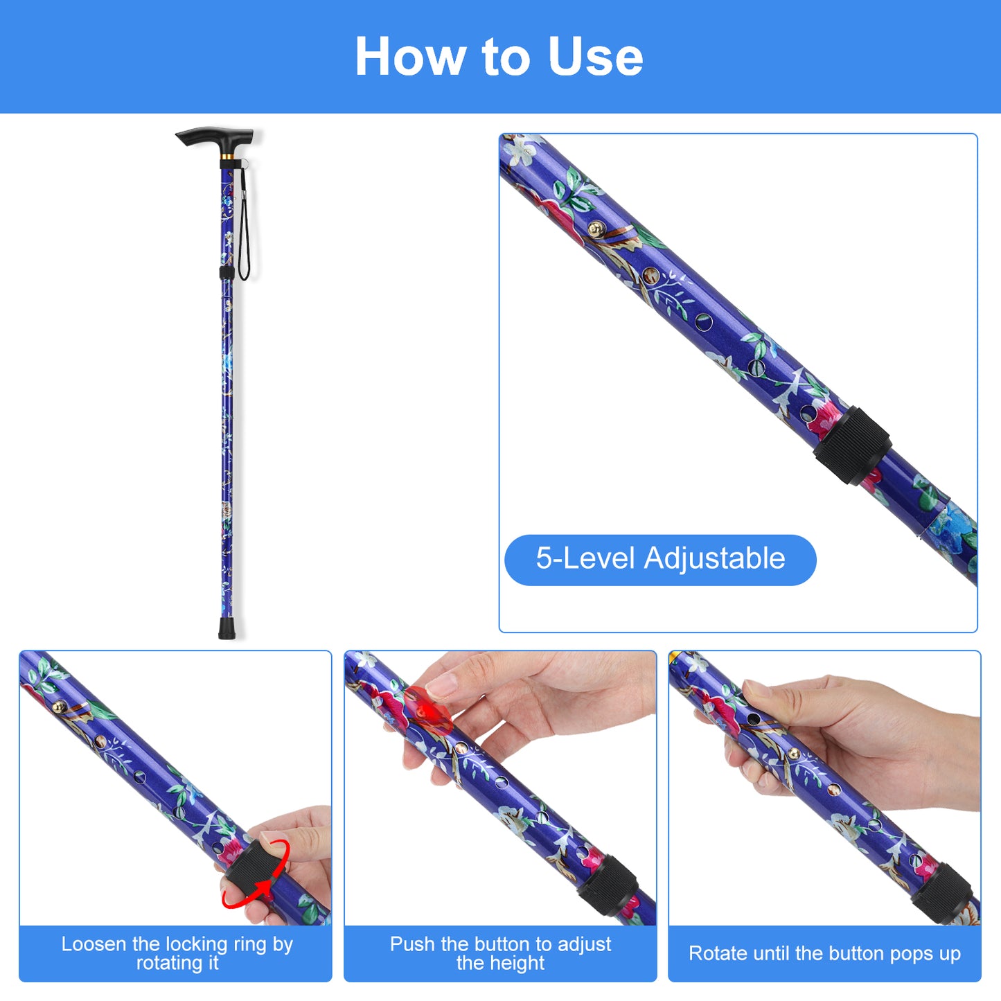 5-Level Adjustable Height Walking Stick Folding Cane
