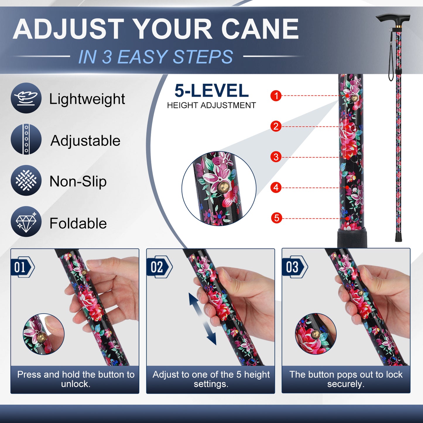 Folding Cane Adjustable Walking Stick Lightweight Travel Cane with T Handle
