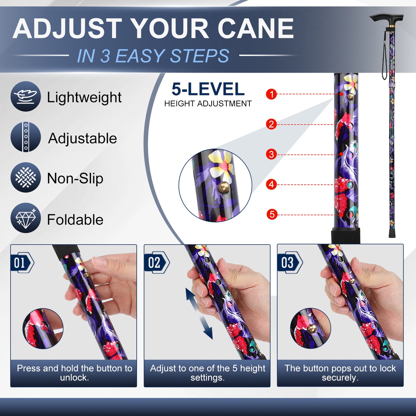 Folding Cane Adjustable Walking Stick Lightweight Travel Cane with T Handle