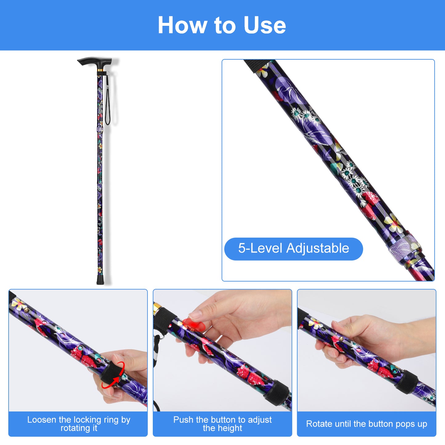 5-Level Adjustable Height Walking Stick Folding Cane