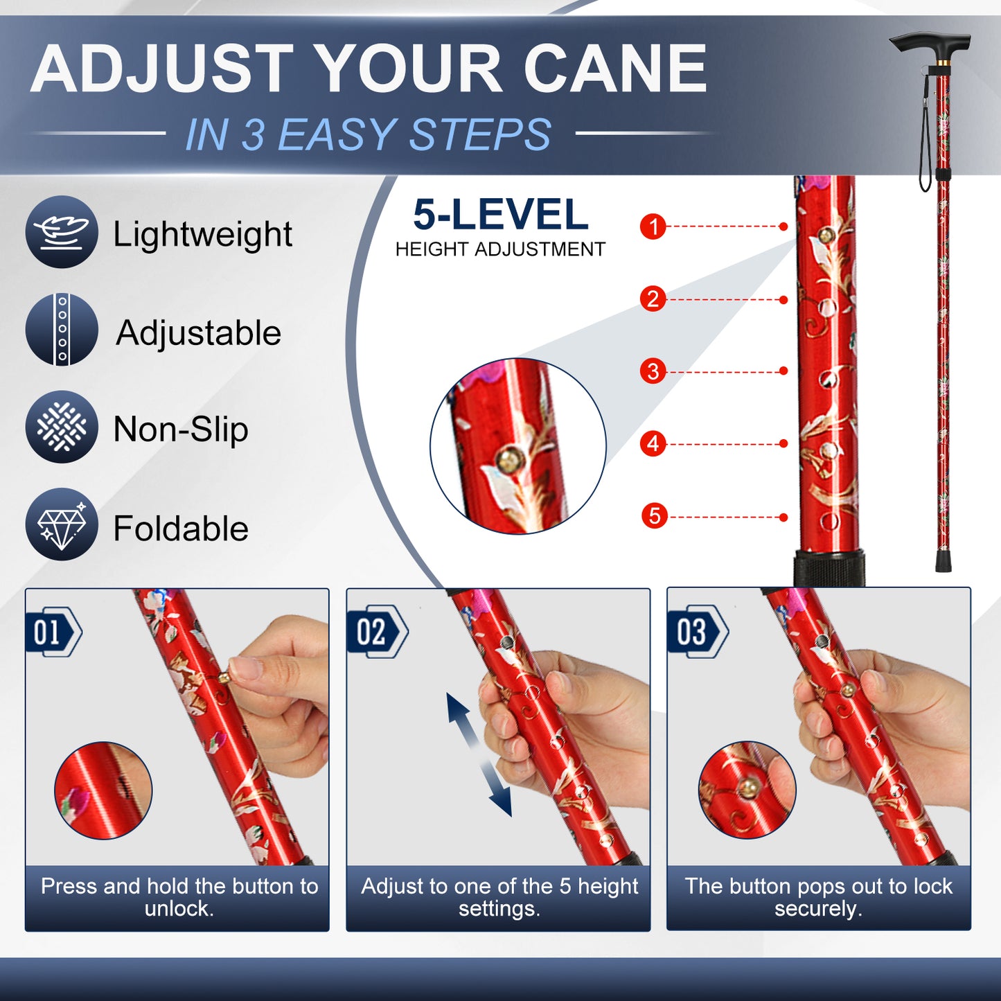Folding Cane Adjustable Walking Stick Lightweight Travel Cane with T Handle
