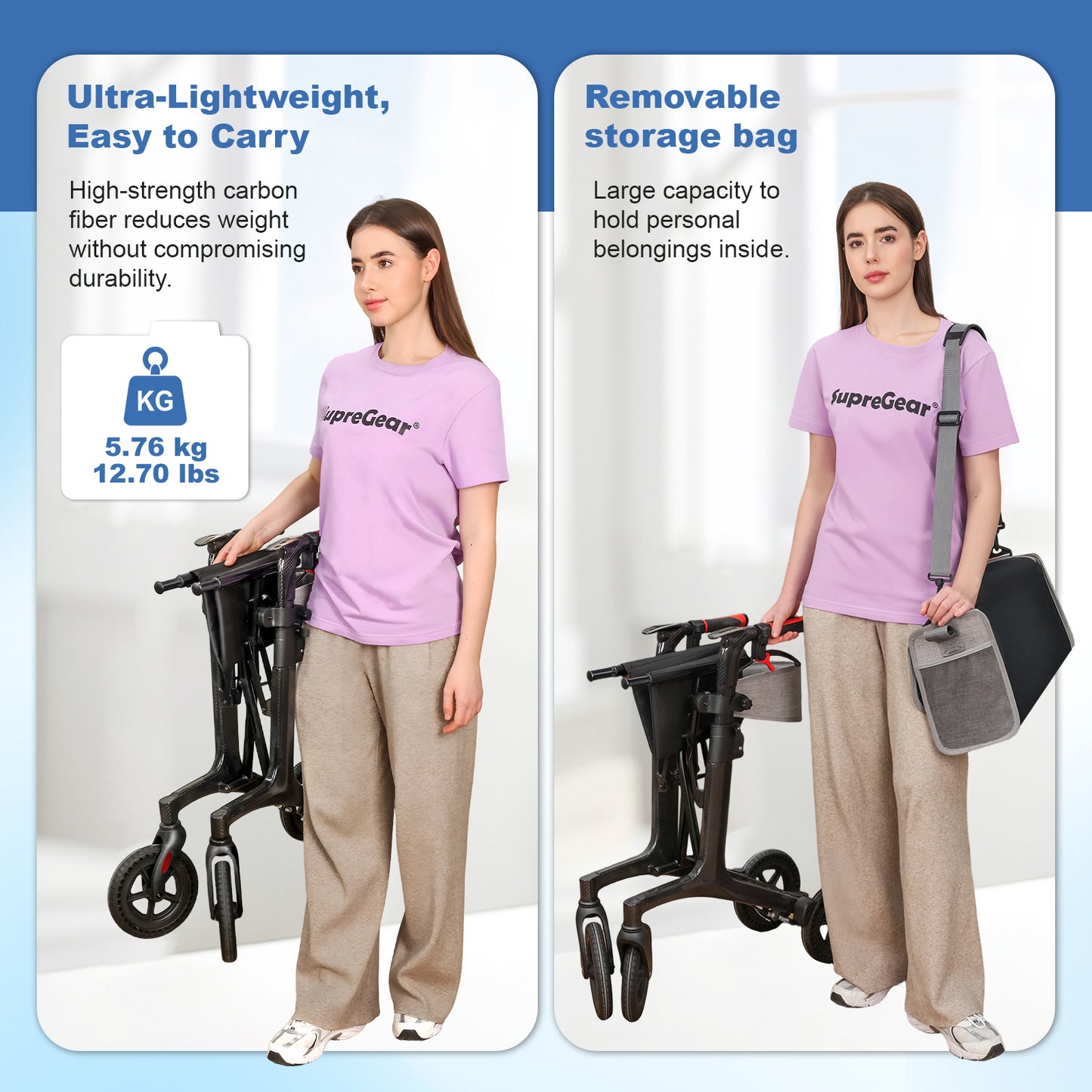 Carbon Fiber Foldable Rollator Walker, Ultra-Light Strong Mobility Cart for Seniors with Easy-Lift Design for Home, Travel & Daily Use