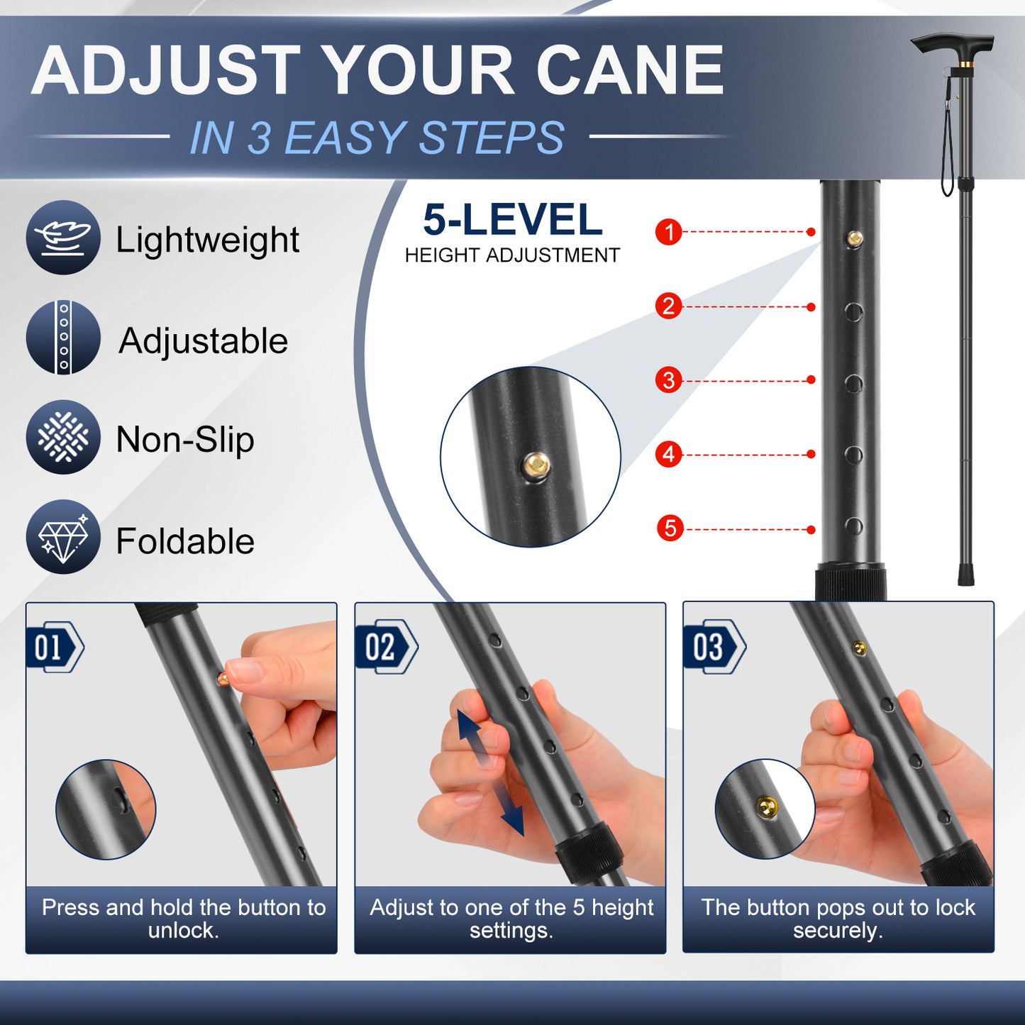 Folding Cane Adjustable Walking Stick Lightweight Travel Cane with T Handle
