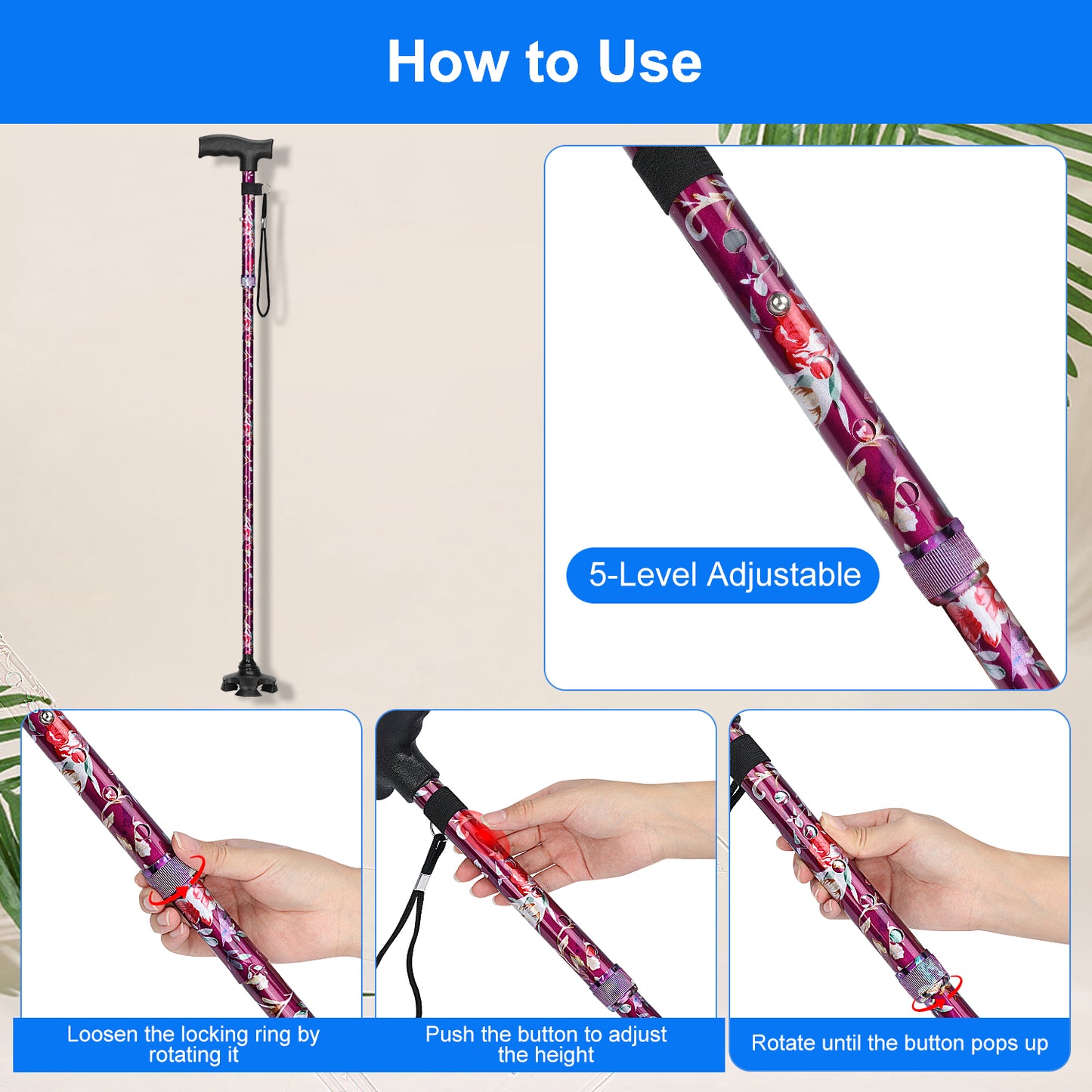 5-Level Adjustable Folding Cane